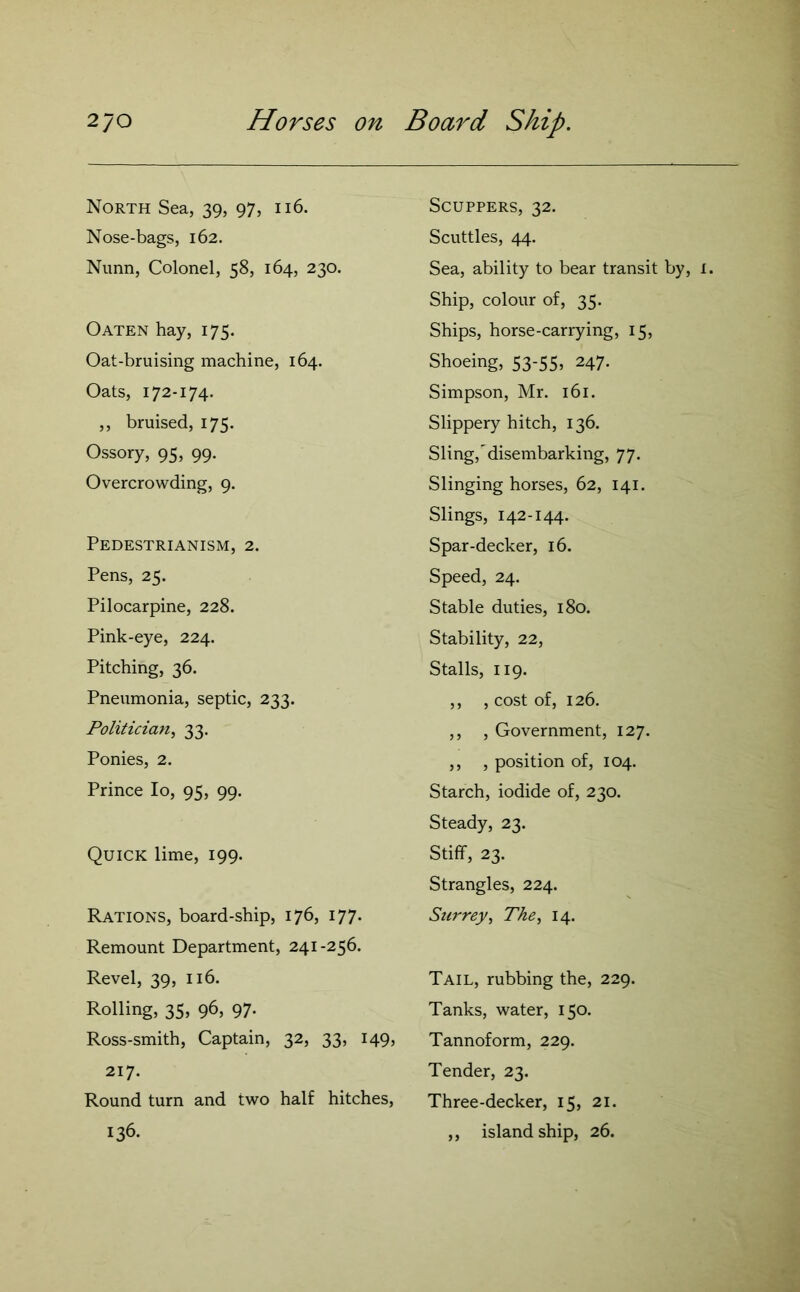 North Sea, 39, 97, 116. Nose-bags, 162. Nunn, Colonel, 58, 164, 230. Oaten hay, 175. Oat-bruising machine, 164. Oats, 172-174. ,, bruised, 175. Ossory, 95, 99. Overcrowding, 9. Pedestrianism, 2. Pens, 25. Pilocarpine, 228. Pink-eye, 224. Pitching, 36. Pneumonia, septic, 233. Politician, 33. Ponies, 2. Prince Io, 95, 99. Quick lime, 199. Rations, board-ship, 176, 177. Remount Department, 241-256. Revel, 39, 116. Rolling, 35, 96, 97. Ross-smith, Captain, 32, 33, 149, 217. Round turn and two half hitches, 136. Scuppers, 32. Scuttles, 44. Sea, ability to bear transit by, I. Ship, colour of, 35. Ships, horse-carrying, 15, Shoeing, 53-55, 247. Simpson, Mr. 161. Slippery hitch, 136. Sling/disembarking, 77. Slinging horses, 62, 141. Slings, 142-144. Spar-decker, 16. Speed, 24. Stable duties, 180. Stability, 22, Stalls, 119. ,, , cost of, 126. ,, , Government, 127. ,, , position of, 104. Starch, iodide of, 230. Steady, 23. Stiff, 23. Strangles, 224. Surrey, The, 14. Tail, rubbing the, 229. Tanks, water, 150. Tannoform, 229. Tender, 23. Three-decker, 15, 21. ,, island ship, 26.