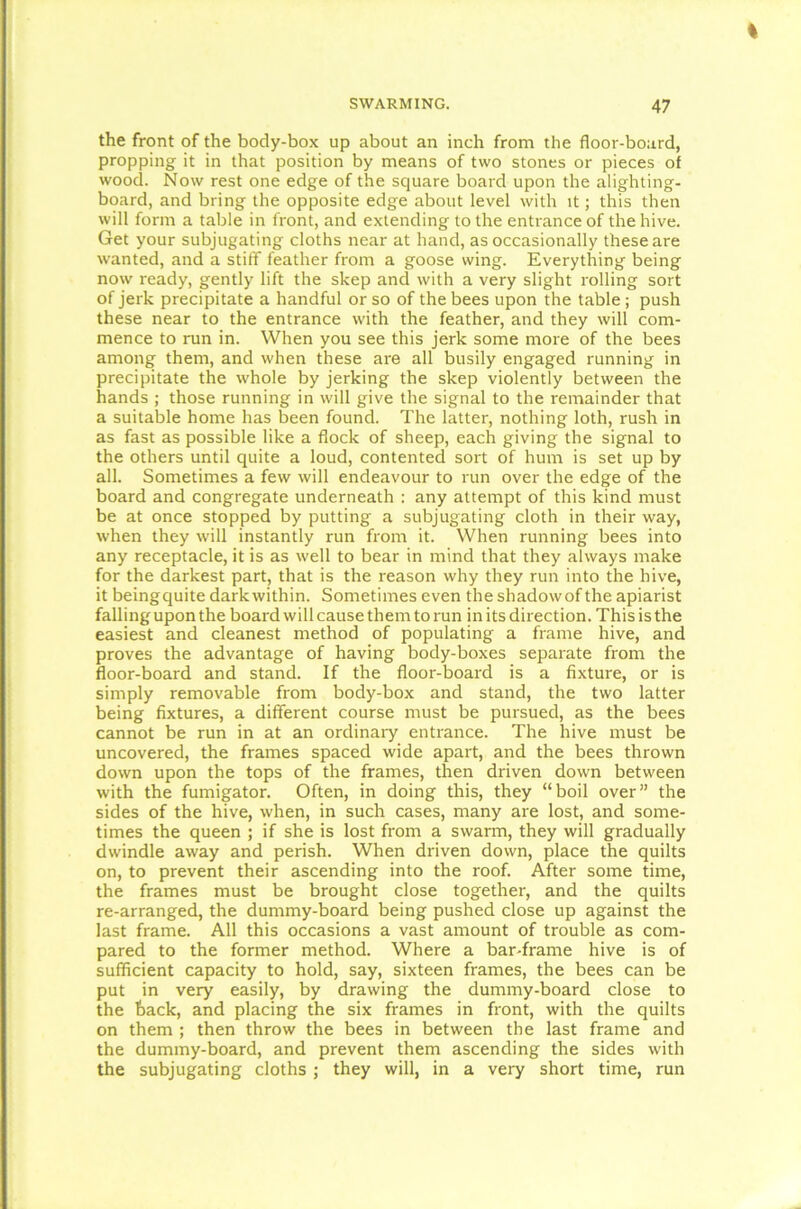 the front of the body-box up about an inch from the floor-board, propping it in that position by means of two stones or pieces of wood. Now rest one edge of the square board upon the alighting- board, and bring the opposite edge about level with it; this then will form a table in front, and extending to the entrance of the hive. Get your subjugating cloths near at hand, as occasionally these are wanted, and a stiff feather from a goose wing. Everything being now ready, gently lift the skep and with a very slight rolling sort of jerk precipitate a handful or so of the bees upon the table ; push these near to the entrance with the feather, and they will com- mence to run in. When you see this jerk some more of the bees among them, and when these are all busily engaged running in precipitate the whole by jerking the skep violently between the hands ; those running in will give the signal to the remainder that a suitable home has been found. The latter, nothing loth, rush in as fast as possible like a flock of sheep, each giving the signal to the others until quite a loud, contented sort of hum is set up by all. Sometimes a few will endeavour to run over the edge of the board and congregate underneath : any attempt of this kind must be at once stopped by putting a subjugating cloth in their way, when they will instantly run from it. When running bees into any receptacle, it is as well to bear in mind that they always make for the darkest part, that is the reason why they run into the hive, it beingquite dark within. Sometimes even the shadowof the apiarist falling upon the board will cause them to run in its direction. This is the easiest and cleanest method of populating a frame hive, and proves the advantage of having body-boxes separate from the floor-board and stand. If the floor-board is a fixture, or is simply removable from body-box and stand, the two latter being fixtures, a different course must be pursued, as the bees cannot be run in at an ordinary entrance. The hive must be uncovered, the frames spaced wide apart, and the bees thrown down upon the tops of the frames, then driven down between with the fumigator. Often, in doing this, they “boil over” the sides of the hive, when, in such cases, many are lost, and some- times the queen ; if she is lost from a swarm, they will gradually dwindle away and perish. When driven down, place the quilts on, to prevent their ascending into the roof. After some time, the frames must be brought close together, and the quilts re-arranged, the dummy-board being pushed close up against the last frame. All this occasions a vast amount of trouble as com- pared to the former method. Where a bar-frame hive is of sufficient capacity to hold, say, sixteen frames, the bees can be put in very easily, by drawing the dummy-board close to the back, and placing the six frames in front, with the quilts on them ; then throw the bees in between the last frame and the dummy-board, and prevent them ascending the sides with the subjugating cloths ; they will, in a very short time, run