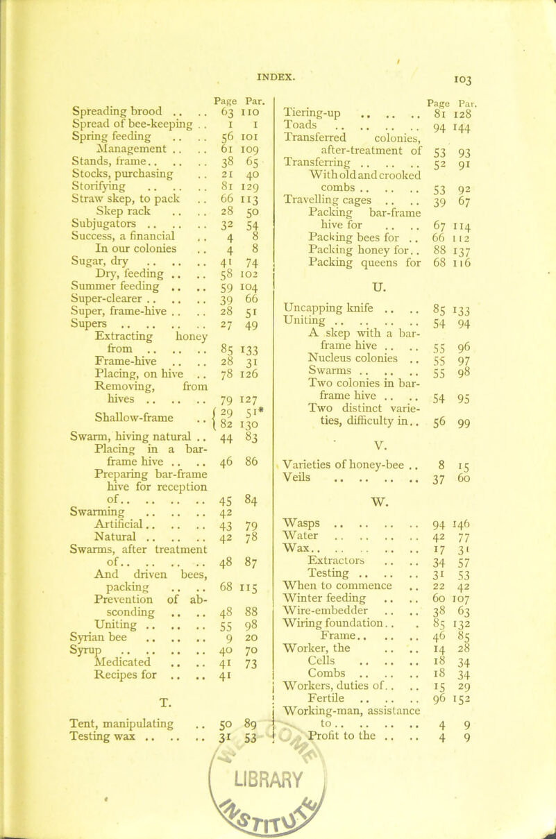 Page Par. Spreading brood .. 63 no Spread of bee-keeping . . I I Spring feeding 56 IOI Management .. 61 109 Stands, frame 38 65 Stocks, purchasing 21 40 Storifying 81 129 Straw skep, to pack 66 113 Skep rack 28 50 Subjugators 32 54 Success, a financial 4 8 In our colonies 4 8 Sugar, dry 4* 74 Dry, feeding .. 58 102 Summer feeding .. 59 IO4 Super-clearer 39 66 Super, frame-hive .. 28 51 Supers 27 49 Extracting honey from 85 133 Frame-hive 28 31 Placing, on hive .. Removing, from 78 126 hives 79 127 Shallow-frame ( 29 t 82 51* 130 Swarm, hiving natural .. 44 83 Placing in a bar- frame hive .. Preparing bar-frame 46 86 hive for reception of 45 84 Swarming 42 Artificial Natural 43 42 79 78 Swarms, after treatment of And driven bees, 48 87 packing Prevention of ab- 68 ii5 sconding 48 88 Uniting 55 98 Syrian bee 9 20 Syrup 40 70 Medicated 4i 73 Recipes for .. 4i T. Tent, manipulating 50 89 Testing wax 3i 53 I°3 Page Par. Tiering-up 81 128 Toads 94 144 Transferred colonies, after-treatment of 53 93 Transferring 52 91 With old and crooked combs S3 92 Travelling cages .. .. 39 67 Packing bar-frame hive for .. .. 67114 Packing bees for .. 66 112 Packing honey for.. 88 137 Packing queens for 68 116 U. Uncapping knife .. .. 85 133 Uniting 54 94 A skep with a bar- frame hive .. 55 96 Nucleus colonies .. 55 97 Swarms 55 98 Two colonies in bar- frame hive .. 54 9s Two distinct varie- ties, difficulty in.. 56 99 V. Varieties of honey-bee ., 8 15 Veils 37 60 W. Wasps 94 146 Water 42 77 Wax 17 3' Extractors 34 57 Testing 31 53 When to commence 22 42 Winter feeding 60 107 Wire-embedder 38 63 Wiring foundation.. 85 132 Frame 46 85 Worker, the H 28 Cells 18 34 Combs 18 34 Workers, duties of.. 15 29 Fertile 96 152 Working-man, assistance to 4 9 O , Profit to the .. V- 4 9