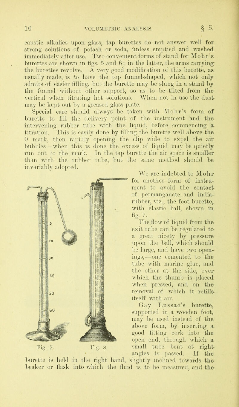 caustic alkalies upon glass, tap burettes do not answer well for strong solutions of potash or soda, unless emptied and washed immediately after use. Two convenient forms of stand for Mohr’s burettes are shown in figs. 5 and 6; in the latter, the arms carrying the burettes revolve. A very good modification of this burette, as usually made, is to have the top funnel-shaped, which not only admits of easier filling, but the burette may be slung in a stand by the funnel without other support, so as to be tilted from the vertical when titrating hot solutions. When not in use the dust may be kept out by a greased glass plate. Special, care should always be taken with Mohr’s form of burette to fill the delivery point of the instrument and the intervening rubber tube with the liquid, before commencing a titration. This is easily done by filling the burette well above the 0 mark, then rapidly opening the clip wide to expel the air bubbles—when this is done the excess of liquid may be quietly run out to the mark. In the tap burette the air space is smaller than with the rubber tube, but the same method should be invariably adopted. We are indebted to Mohr for another form of instru- ment to avoid the contact of permanganate and india- rubber, viz., the foot burette, with elastic ball, shown in fig. 7. The flow of liquid from the exit tube can be regulated to a great nicety by pressure upon the ball, which should be large, and have two open- ings,-—one cemented to the tube with marine glue, and the other at the side, over which the thumb is placed when pressed, and on the removal of which it refills itself with air. Gay Lussac’s burette, supported in a wooden foot, may be used instead of the above form, by inserting a good fitting cork into the open end, through which a small tube bent at right angles is passed. If the burette is held in the right hand, slightly inclined towards the beaker or flask into which the fluid is to be measured, and the