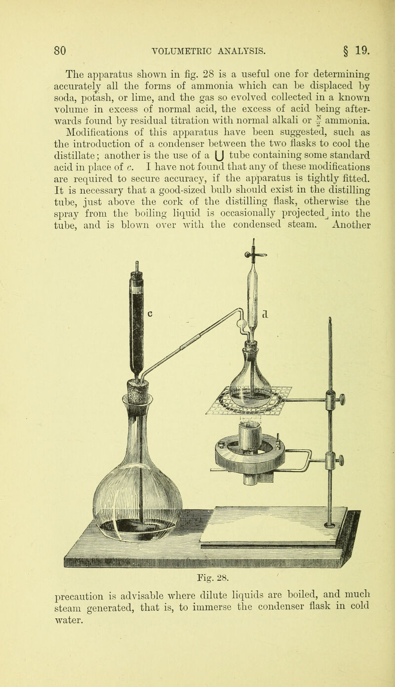The apparatus shown in fig. 28 is a useful one for determining accurately all the forms of ammonia which can he displaced by- soda, potash, or lime, and the gas so evolved collected in a known volume in excess of normal acid, the excess of acid being after- wards found by residual titration with normal alkali or f ammonia. Modifications of this apparatus have been suggested, such as the introduction of a condenser between the two flasks to cool the distillate; another is the use of a (J tube containing some standard acid in place of c. I have not found that any of these modifications are required to secure accuracy, if the apparatus is tightly fitted. It is necessary that a good-sized bulb should exist in the distilling tube, just above the cork of the distilling flask, otherwise the spray from the boiling liquid is occasionally projected^ into the tube, and is blown over with the condensed steam. Another Tier 28. precaution is advisable where dilute liquids are boiled, and much steam generated, that is, to immerse the condenser flask in cold water.