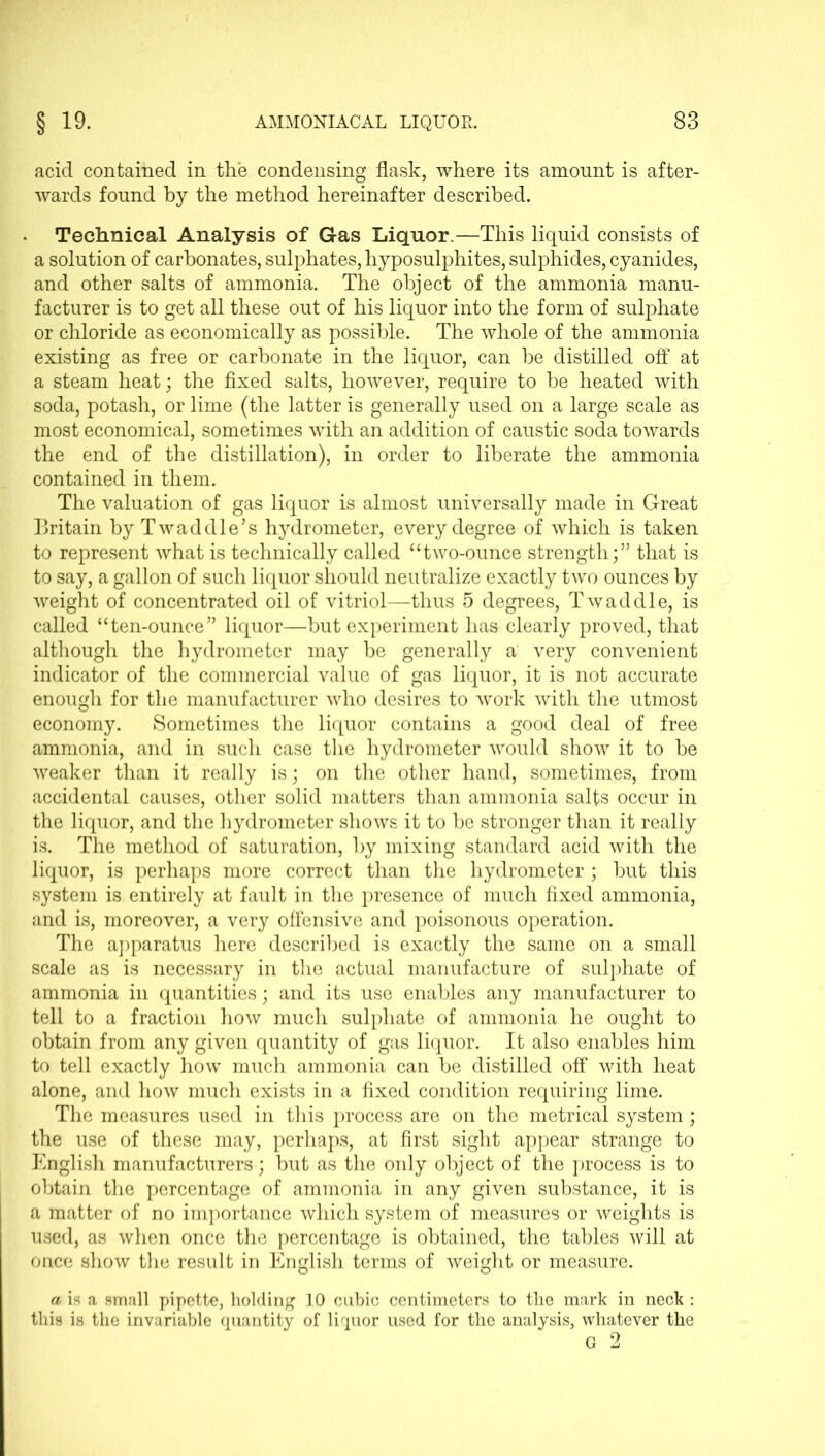 acid contained in the condensing flask, where its amount is after- wards found by the method hereinafter described. Technical Analysis of Gas Liquor.—This liquid consists of a solution of carbonates, sulphates, hyposulphites, sulphides, cyanides, and other salts of ammonia. The object of the ammonia manu- facturer is to get all these out of his liquor into the form of sulphate or chloride as economically as possible. The whole of the ammonia existing as free or carbonate in the liquor, can he distilled off at a steam heat; the fixed salts, however, require to he heated with soda, potash, or lime (the latter is generally used on a large scale as most economical, sometimes with an addition of caustic soda towards the end of the distillation), in order to liberate the ammonia contained in them. The valuation of gas liquor is almost universally made in Great Britain by Twaddle’s hydrometer, every degree of which is taken to represent what is technically called “two-ounce strength;” that is to say, a gallon of such liquor should neutralize exactly two ounces by weight of concentrated oil of vitriol—thus 5 degrees, Twaddle, is called “ten-ounce” liquor—but experiment has clearly proved, that although the hydrometer may be generally a very convenient indicator of the commercial value of gas liquor, it is not accurate enough for the manufacturer who desires to work with the utmost economy. Sometimes the liquor contains a good deal of free ammonia, and in such case the hydrometer would show it to he weaker than it really is; on the other hand, sometimes, from accidental causes, other solid matters than ammonia salts occur in the liquor, and the hydrometer shows it to he stronger than it really is. The method of saturation, by mixing standard acid with the liquor, is perhaps more correct than the hydrometer ; hut this system is entirely at fault in the presence of much fixed ammonia, and is, moreover, a very offensive and poisonous operation. The apparatus here described is exactly the same on a small scale as is necessary in the actual manufacture of sulphate of ammonia in quantities; and its use enables any manufacturer to tell to a fraction how much sulphate of ammonia he ought to obtain from any given quantity of gas liquor. It also enables him to tell exactly how much ammonia can be distilled off with heat alone, and how much exists in a fixed condition requiring lime. The measures used in this process are on the metrical system; the use of these may, perhaps, at first sight appear strange to English manufacturers; but as the only object of the process is to obtain the percentage of ammonia in any given substance, it is a matter of no importance which system of measures or weights is used, as when once the percentage is obtained, the tables will at once show the result in English terms of weight or measure. a is a small pipette, holding 10 cubic centimeters to the mark in neck : this is the invariable quantity of liquor used for the analysis, whatever the G 2