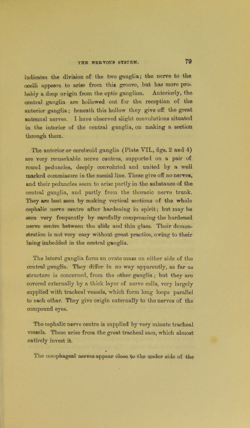 indicates the division of the two ganglia; the nerve to the ocelli appears to arise from this groove, but ha3 more pro- bably a deep origin from the optic ganglion. Anteriorly, the central ganglia are hollowed out for the inception of the anterior ganglia; beneath this hollow they give off the great antennal nerves. I have observed slight convolutions situated in the interior of the central ganglia, on making a section through them. The anterior or cerebroid ganglia (Plate VII., figs. 2 and 4) are very remarkable nerve centres, supported on a pair of round peduncles, deeply convoluted and united by a well marked commissure in the mesial line. These give off no nerves, and their peduncles seem to arise partly in the substance of the central ganglia, and partly from the thoracic nerve trunk. They are best seen by making vertical sections of the whole cephalic nerve centre after hardening in spirit; but may be seen very frequently by carefully compressing the hardened nerve centre between the slide and thin glass. Their demon- stration is not very easy without great practice, owing to their being imbedded in the central ganglia. The lateral ganglia form an ovate mass on either side of the central ganglia. They differ in no way apparently, as far as structure is concerned, from the other ganglia ; but they are covered externally by a thick layer of nerve cells, very largely supplied with tracheal vessels, which form long loops parallel to each other. They give origin externally to the nerves of the compound eyes. The cephalic nerve centre is supplied by very minute tracheal vessels. These arise from the great tracheal sacs, which almost entirely invest it. The oesophageal nerves appear close to the under side of the