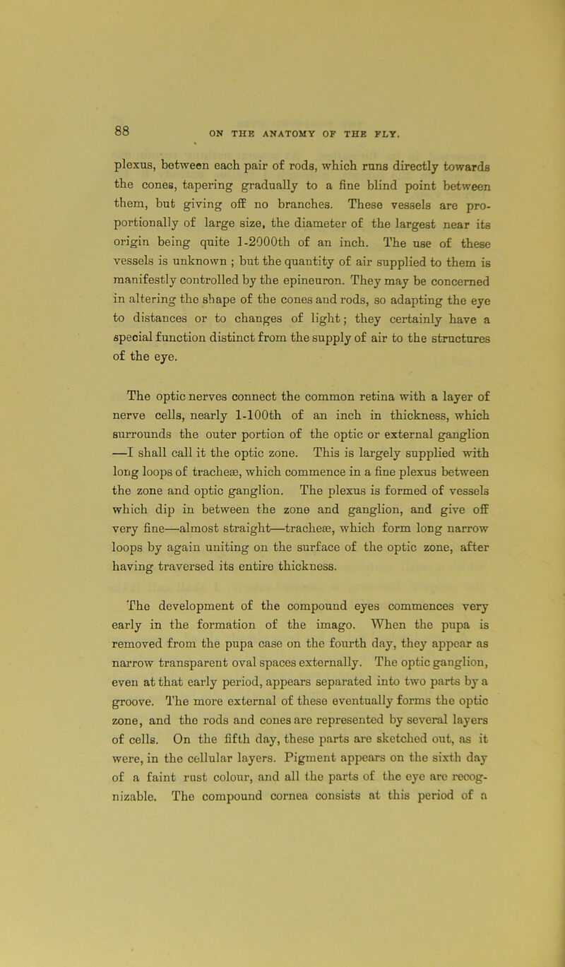 plexus, between each pair of rods, which runs directly towards the cones, tapering gradually to a fine blind point between them, but giving off no branches. These vessels are pro- portionally of large size, the diameter of the largest near its origin being quite 1-2000th of an inch. The use of these vessels is unknown ; but the quantity of air supplied to them is manifestly controlled by the epineuron. They may be concerned in altering the shape of the cones and rods, so adapting the eye to distances or to changes of light; they certainly have a special function distinct from the supply of air to the structures of the eye. The optic nerves connect the common retina with a layer of nerve cells, nearly l-100th of an inch in thickness, which surrounds the outer portion of the optic or external ganglion —I shall call it the optic zone. This is largely supplied with long loops of tracheae, which commence in a fine plexus between the zone and optic ganglion. The plexus is formed of vessels which dip in between the zone and ganglion, and give off very fine—almost straight—tracheae, which form long narrow loops by again uniting on the surface of the optic zone, after having traversed its entire thickness. The development of the compound eyes commences very early in the formation of the imago. When the pupa is removed from the pupa case on the fourth day, they appear as narrow transparent oval spaces externally. The optic ganglion, even at that early period, appears separated into two parts by a groove. The more external of these eventually forms the optic zone, and the rods and cones are represented by several layers of cells. On the fifth day, these parts are sketched out, as it were, in the cellular layers. Pigment appears on the sixth day of a faint rust colour, and all the parts of the eye are recog- nizable. The compound cornea consists at this period of a