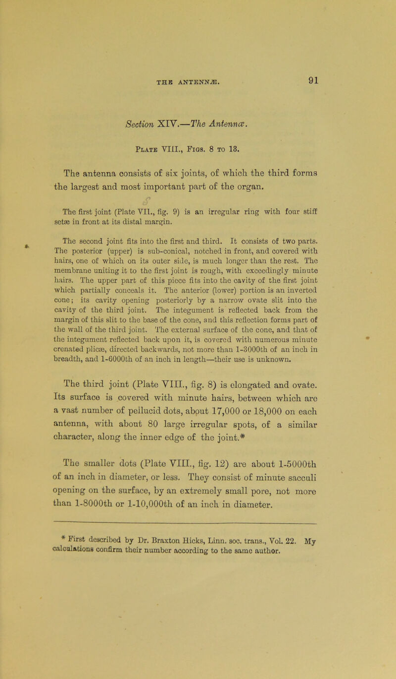 THE ANTENNAE. Section XIV.—The Antennce. Plate VIII., Figs. 8 to 13. The antenna consists of six joints, of which the third forms the largest and most important part of the organ. The first joint (Plate VII., fig. 9) is an irregular ring with four stiff setae in front at its distal margin. The second joint fits into the first and third. It consists of two parts. The posterior (upper) is sub-conical, notched in front, and covered with hairs, one of which on its outer side, is much longer than the rest. The membrane uniting it to the first joint is rough, with exceedingly minute hairs. The upper part of this piece fits into the cavity of the first joint which partially conceals it. The anterior (lower) portion is an inverted cone; its cavity opening posteriorly by a narrow ovate slit into the cavity of the third joint. The integument is reflected back from the margin of this slit to the base of the cone, and this reflection forms part of the wall of the third joint. The external surface of the cone, and that of the integument reflected back upon it, is covered with numerous minute crenated plicae, directed backwards, not more than l-3000th of an inch in breadth, and l-6000th of an inch in length—their use is unknown. The third joint (Plate VIII., fig. 8) is elongated and ovate. Its surface is covered with minute hairs, between which are a vast number of pellucid dots, about 17,000 or 18,000 on each antenna, with about 80 large irregular spots, of a similar character, along the inner edge of the joint.* The smaller dots (Plate VIII., fig. 12) are about l-5000th of an inch in diameter, or less. They consist of minute sacculi opening on the surface, by an extremely small pore, not more than l-8000th or 1-10,000th of an inch in diameter. * First described by Dr. Braxton Hicks, Linn. soc. trans., Vol. 22. My calculations confirm their number according to the same author.