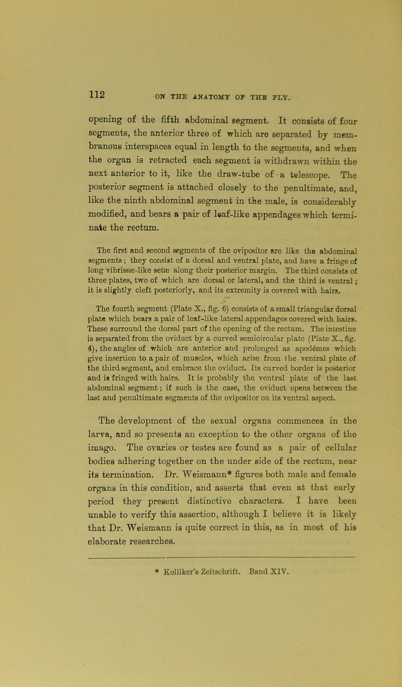 opening of the fifth abdominal segment. It consists of four segments, the anterior three of which are separated by mem- branous interspaces equal in length to the segments, and when the organ is retracted each segment is withdrawn within the next anterior to it, like the draw-tube of a telescope. The posterior segment is attached closely to the penultimate, and, like the ninth abdominal segment in the male, is considerably modified, and bears a pair of leaf-like appendages which termi- nate the rectum. The first and second segments of the ovipositor are like the abdominal segments; they consist of a dorsal and ventral plate, and have a fringe of long vibrissa-like set* along their posterior margin. The third consists of three plates, two of which are dorsal or lateral, and the third is ventral; it is slightly cleft posteriorly, and its extremity is covered with hairs. >- The fourth segment (Plate X., fig. 6) consists of a small triangular dorsal plate which bears a pair of leaf-like lateral appendages covered with hairs. These surround the dorsal part of the opening of the rectum. The intestine is separated from the oviduct by a curved semicircular plate (Plate X., fig. 4), the angles of which are anterior and prolonged as apod4mes which give insertion to a pair of muscles, which arise from the ventral plate of the third segment, and embrace the oviduct. Its curved border is posterior and is fringed with hairs. It is probably the ventral plate of the last abdominal segment; if such is the case, the oviduct opens between the last and penultimate segments of the ovipositor on its ventral aspect. The development of the sexual organs commences in the larva, and so presents an exception to the other organs of the imago. The ovaries or testes are found as a pair of cellular bodies adhering together on the under side of the rectum, near its termination. Dr. Weismann* figures both male and female organs in this condition, and asserts that even at that early period they present distinctive characters. I have been unable to verify this assertion, although I believe it is likely that Dr. Weismann is quite correct in this, as in most of his elaborate researches. * Kolliker’s Zeitschrift. Band XIV.