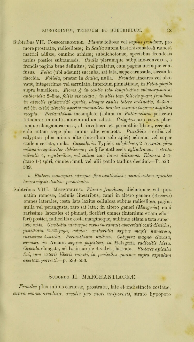 Subtribus VTI. Fossombronie^e. Planted foliosce vel scepius frondosce, pro more prostratae, radicellosae; in Scalia autem basi rhizomatosS, ramosa matrici adiixae, omnino arhizse; subdichotomse, speciebus frondosis rarius postice subramosis. Caulis plerumque subplano-convexus, a frondis pagina bene definitus; vel praelatus, cum pagina utrinque con- fusus. Folia (ubi adsunt) succuba, sat lata, ssepe carnosula, siccando flaccida. Foliola, prseter in Scalia, nulla. Frondes lineares vel obo- vatas, integerrinne vel serrulatae, interdum pinnatifidse, in Petalophyllo supra lamellosae. Flores £ in caulis tota longitudine submarginales; antheridia 2-5na, foliis vix velata; in aliis tam foliosis quam frondosis in alveolis epidermidi opertis, utroque caulis latere ordinatis, 2-3na; vel {in aliis) alveolis apertis monandris bractea minuta incurva suffultis recepta. Perianthium incomplete (solum in Pallavicinia perfecte) tubulare; in multis autem nullum adest. Galyptra raro parva, pler- umque elongata carnosa, ab involucro et perianthio libera, recepta- culo autem saepe plus minus alte concreta. Pistillida sterilia vel calyptrae plus minus alte (interdum solo apici) adnata, vel super caulem seriata, nuda. Capsula in Typicis subglobosa, 2-5-strata, phis minus irregulariter clehiscens ; in § Leptotheceis cylindracea, 1 -strata valvulis 4, regularibus, vel solum uno latere clehiscens. Elateres 2-4- (raro 1-) spiri, omnes simul, vel alii paulo tarclius decidui.—P. 523- 539. b. Elateres monospiri, utroque fine acutissimi; pctuci autem apicales breves rigidi diutius persistentes. Subtribus VIII. Metzgerie^e. Planted frondosce, dichotomae vel pin- natim ramosae, laciniis linearibus; rami in altero genere (Aneura) omnes laterales, costa lata laxius cellulosa subtus radicellosa, pagina nulla vel perangusta, raro sat lata; in altero generi (Metzgeria) rami rarissime laterales et pinnati, floriferi omnes (interdum etiam eflori- feri) postici, radicellis e costa margineque, subinde etiam e tota super- ficie ortis. Genitalia utriusque sexus in ramuli abbreviati costd disticha; pistillidia 2-20-juga, astyla; antheridia scepius mcigis numerosa, rarissime 4-sticlia. Perianthium nullum. Galyptra maegna clavata, carnosa, in Aneura scepius papillosa, in Metzgeria radicellis hirta. Gapsula elongata, ad basin usque 4-valvis, bistrata. Elateres apicales hxi, cum cceteris liberis intexti, in penicillos quatuor supra capsulam apertam porrecti.—p. 539-556. Subordo II. MAPtCHANTIACE^E. Frondes plus minus carnosae, prostratac, late et indistincte costatae, supra venoso-areolatoe, areolis pro more uniporosis, strato hypoporo