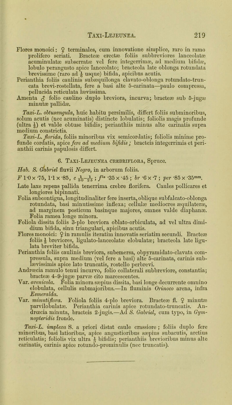 Flores monoici: $ terminales, cum innovatione simplice, raro in ramo prolifero seriati. Bracteae erecte foliis subbreviores lanceolate acuminulate subserrate vel fere integerrimae, ad medium bifida;, lobulo perangusto apice Ianceolato; bracteola late oblonga rotundata brevissimc (raro ad ^ usque) bifida, apicibus acutis. Perianthia foliis caulinis subcequilonga clavato-oblonga rotundato-trun- cata brevi-rostellata, fere a basi alte 5-carinata—paulo compressa, pellucida reticulata laevissima. Amenta folio caulino duplo breviora, incurva; bracteae sub 5-jugae minute pallidae. Taxi-L. obtusangula, liuic babitu persimilis, differt foliis subminoribus, solum acutis (nec acuminatis) distincte lobulatis; foliolis magis profunde (ultra et valde obtuse bifidis; perianthiis minus alte carinatis supra medium constrictis. Taxi-L. florida, foliis minoribus vix semicordatis; foliolis minime pro- funde cordatis, apice fere ad medium bifidis; bracteis integerrimis et peri- anthii carinis papulosis differt. 6. Taxi-Lejeunea crebriflora, Spruce. Hab. S. Gabriel fluvii Negro, in arborum foliis. F 1/0 x *75, IT x ’85, c fla '35 x 45 ; br *C x *7 ; 'per ‘85 x -35mm. Late laxe repens pallida tenerrima crebre florifera. Caules pollicares et longiores bipinnati. Folia subcontigua, longitudinaliter fere insertar oblique subfalcato-oblonga rotundata, basi minutissime infiexa; cellulce mediocres aequilaterce, ad marginem posticum basinque majores, omnes valde diaphanae. Folia ramea longe minora. Foliola dissita foliis 3-plo breviora oblato-orbiculata, ad vel ultra dimi- dium bifida, sinu triangulari, apicibus acutis. Flores monoici: $ in ramulis iteratim innovatis seriatim secundi. Bractece foliis ^ breviores, ligulato-lanceolatse elobulatse; bracteola late ligu- lata breviter bifida. Perianthia foliis caulinis breviora, subemersa, obpyramidato-clavata com- pressula, supra medium (vel fere a basi) alte 5-carinata, carinis sub- lsevissimis apice lato truncatis, rostello perbrevi. Androecia ramulo tenui incurvo, folio collateral! subbreviore, constantia; bractece 4-9-jugce parvae cito marcescentes. Yar. arenicola. Folia minora saepius dissita, basi longe decurrente omuino elobulata, cellulis submajoribus.—In fluminis Orinoco arena, infra Esmeralda. Yar. minutifiora. Foliola foliis 4-plo breviora. Bractece fl. $ minute parvilobulate. Perianthia carinis apice rotundato-truncatis. An- drcecia minuta, bracteis 2-jugis.—Ad S. Gabriel, cum typo, in Gym- nopteridis fronde. Taxi-L. implexa S. a priori distat caule crassiore ; foliis duplo fere minoribus, basi latioribus, apice angustioribus saepius subacutis, arctius reticulatis; foliolis vix ultra 4 bifidis; perianthiis brevioribus minus alte carinatis, carinis apice rotundo-prominulis (nec truncatis).