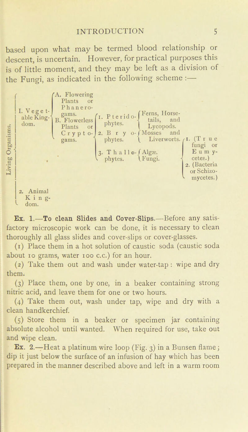 based upon what may be termed blood relationship or descent, is uncertain. However, for practical purposes this is of little moment, and they may be left as a division of the Fungi, as indicated in the following scheme :— f I. V e g e t- able King- dom. c C > 3 f A. Flowering Plants or P h a n e ro- gams. B. Flowerless Plants or Crypto- gams. 1. P t e rid o- phytes. 2. B r y o- phytes. Ferns, Horse- tails, and Lycopods. f Mosses and t Liverworts. T h a 11 o- f Algae, phytes. \ Fungi. rl u e or (Tr fungi E u m y- cetes.) 2. (Bacteria or Schizo- mycetes.) 2. Animal King- v dom. Ex. 1.—To clean Slides and Cover-Slips.—Before any satis- factory microscopic work can be done, it is necessary to clean thoroughly all glass slides and cover-slips or cover-glasses. (1) Place them in a hot solution of caustic soda (caustic soda about io grams, water ioo c.c.) for an hour. (2) Take them out and wash under water-tap : wipe and dry them. (3) Place them, one by one, in a beaker containing strong nitric acid, and leave them for one or two hours. (4) Take them out, wash under tap, wipe and dry with a clean handkerchief. (5) Store them in a beaker or specimen jar containing absolute alcohol until wanted. When required for use, take out and wipe clean. Ex. 2.—Heat a platinum wire loop (Fig. 3) in a Bunsen flame; dip it just below the surface of an infusion of hay which has been prepared in the manner described above and left in a warm room