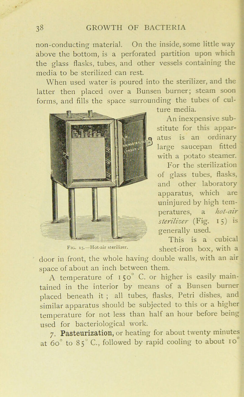 non-conducting material. On the inside, some little way above the bottom, is a perforated partition upon which the glass flasks, tubes, and other vessels containing the media to be sterilized can rest. When used water is poured into the sterilizer, and the latter then placed over a Bunsen burner; steam soon forms, and fills the space surrounding the tubes of cul- ture media. An inexpensive sub- stitute for this appar- atus is an ordinary large saucepan fitted with a potato steamer. For the sterilization of glass tubes, flasks, and other laboratory apparatus, which are uninjured by high tem- peratures, a hot-air sterilizer (Fig. 15) is generally used. This is a cubical sheet-iron box, with a door in front, the whole having double walls, with an air space of about an inch between them. A temperature of 150° C. or higher is easily main- tained in the interior by means of a Bunsen burner placed beneath it ; all tubes, flasks, Petri dishes, and similar apparatus should be subjected to this or a higher temperature for not less than half an hour before being used for bacteriological work. at 6o° to 85° C., followed by rapid cooling to about 10