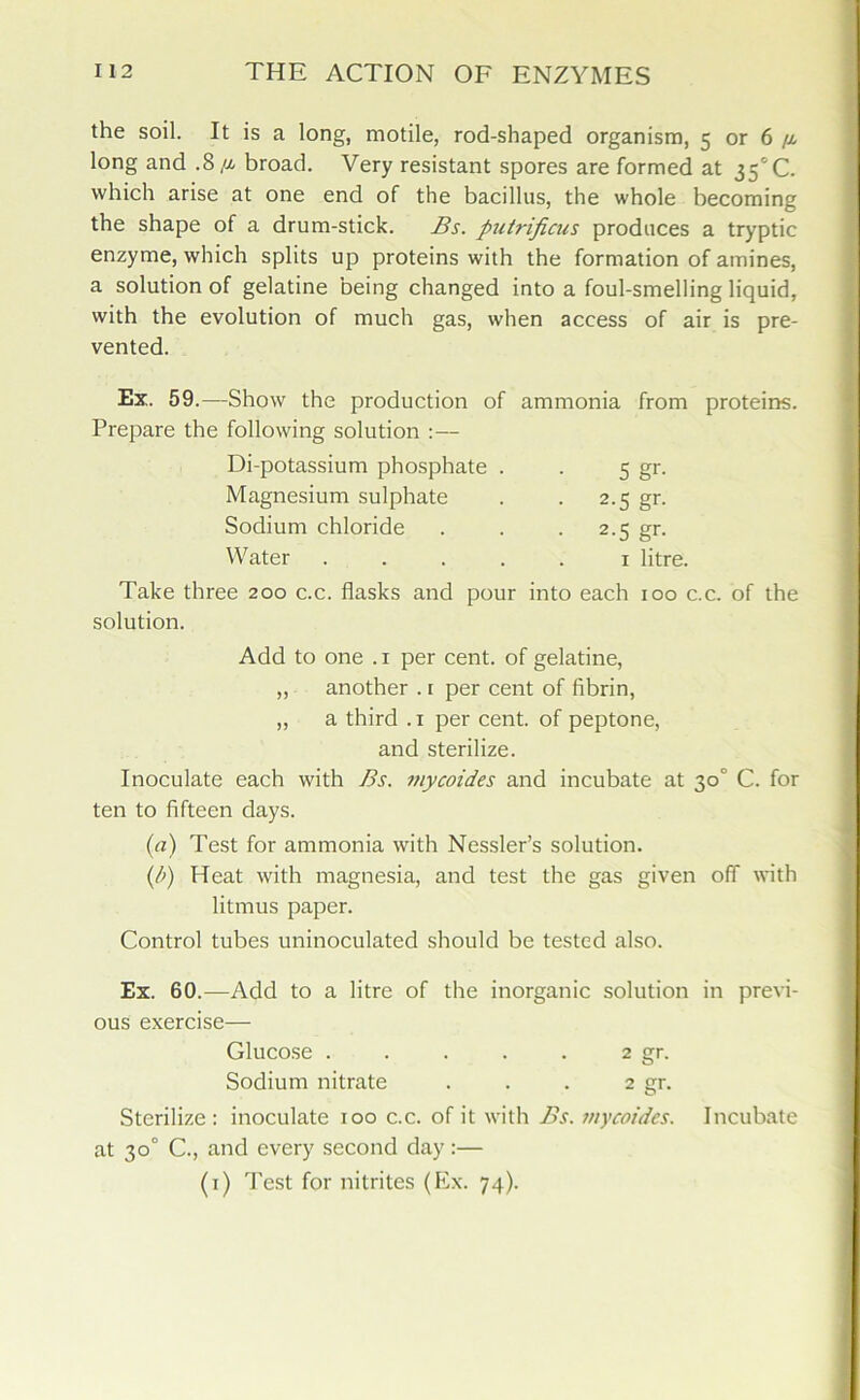 the soil. It is a long, motile, rod-shaped organism, 5 or 6 /z long and .8/x broad. Very resistant spores are formed at 35°C. which arise at one end of the bacillus, the whole becoming the shape of a drum-stick. Bs. putrificus produces a tryptic enzyme, which splits up proteins with the formation of amines, a solution of gelatine being changed into a foul-smelling liquid, with the evolution of much gas, when access of air is pre- vented. Ex.. 59.—Show the production of ammonia from proteins. Prepare the following solution :— Di-potassium phosphate . . 5 gr. Magnesium sulphate . .2.5 gr. Sodium chloride . . . 2.5 gr. Water 1 litre. Take three 200 c.c. flasks and pour into each 100 c.c. of the solution. Add to one .1 per cent, of gelatine, ,, another . 1 per cent of fibrin, „ a third . 1 per cent, of peptone, and sterilize. Inoculate each with Bs. mycoides and incubate at 30° C. for ten to fifteen days. (a) Test for ammonia with Nessler’s solution. (/>) Heat with magnesia, and test the gas given off with litmus paper. Control tubes uninoculated should be tested also. Ex. 60.—Add to a litre of the inorganic solution in previ- ous exercise— Glucose . . . . . 2 gr. Sodium nitrate . . . 2 gr. Sterilize: inoculate 100 c.c. of it with Bs. mycoides. Incubate at 30° C., and every second day:— (1) Test for nitrites (Ex. 74).