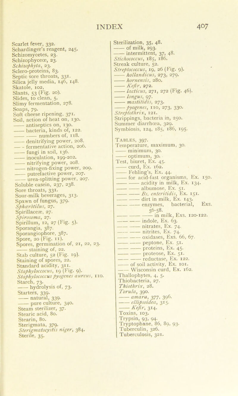 Scarlet fever, 332. Schardinger’s reagent, 245. Schizomycetes, 23. Scbizophyceoe, 23. Schizophyta, 23. Sclero-proteins, 83. Septic sore throats, 331. Silica jelly media, 146, 148. Skatole, 102, Slants, 53 (Fig. 20). Slides, to clean, 5. Slimy fermentation, 278. Soaps, 79. Soft cheese ripening, 371. Soil, action of heat on, 130. antiseptics on, 130. bacteria, kinds of, 122. numbers of, 118. denitrifying power, 208. fermentative action, 206. fungi in soil, 136. inoculation, 199-202. nitrifying power, 208. nitrogen-fixing power, 209. putrefactive power, 207. urea-splitting power, 207. Soluble casein, 237, 238. Sore throats, 331. Sour-milk beverages, 313. Spawn of fungus, 379. Sphardtilus, 27. Spirillaceae, 27. Spirosoma, 27. Spirillum, 12, 27 (Fig. 5). Sporangia, 387. Sporangiophore, 387. Spore, 20 (Fig. 11). Spores, germination of, 21, 22, 23. staining of, 22. Stab culture, 52 (Fig. 19). Staining of spores, 22. Standard acidity, 311. Staphyloccocus, 19 (Fig. 9). Staphylococcus pyogenes aureus, no. Starch, 73. hydrolysis of, 73. Starters, 339. natural, 339. pure culture, 340. Steam sterilizer, 37. Stearic acid, 80. Stearin, 80. Sterigmata, 379. Sterigmatocystis niger, 384. Sterile, 35. Sterilization, 35, 48. of milk, 293. intermittent, 37, 48. Stichococcus, 185, 186. Streak culture, 52. Streptococcus, 19, 26 (Fig. 9). hollandicus, 273, 279. hornensis, 280. Kefir, 272. lacticus, 271, 272 (Fig. 46). longus, 97. mastitidis, 273. pyogenes, no, 273, 330. Streptothrix, 121. Strippings, bacteria in, 250. Summer diarrhoea, 329. Symbiosis, 124, 185, 186, 195. Tables, 397. Temperature, maximum, 30. minimum, 30. optimum, 30. Test, biuret, Ex. 45. curd, Ex. 162. Fehling’s, Ex. 44. for acid-fast organisms, Ex. 150. acidity in milk, Ex. 134. albumose, Ex. 51. Bs. enteritidis, Ex. 151. dirt in milk, Ex. 143. enzymes, bacterial, Exs. S6-S8. in milk, Exs. 120-122. indole, Ex. 63. nitrates, Ex. 74. nitrites, Ex. 74. oxidases, Exs. 66, 67. peptone, Ex. 51. proteins, Ex. 45. proteose, Ex. 51. reductase, Ex. 122. of soil activity, Ex. 101. Wisconsin curd, Ex. 162. Thallophytes, 4, 5. Thiobacteria, 27. Thiothrix, 28. Torula, 390. amara, 377, 396. ellipsoidea, 315. Kefir, 314. Toxins, 103. Trypsin, 93, 94. Tryptophane, 86, 89, 93. Tuberculin, 326. Tuberculosis, 321.