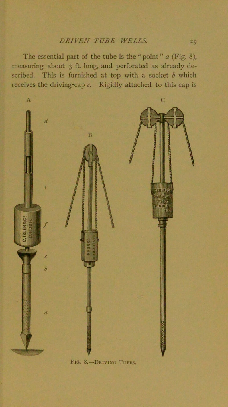 The essential part of the tube is the “ point ” a (Fig. 8), measuring about 3 ft. long, and perforated as already de- .scribed. This is furnished at top with a socket b which receives the driving-cap c. Rigidly attached to this cap is Fig. 8.—Driving Turks.