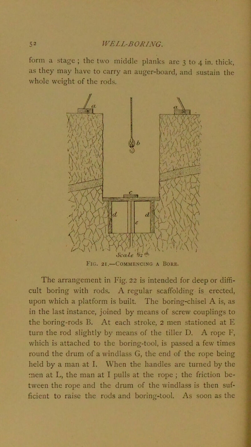 form a stage ; the two middle planks are 3 to 4 in. thick, as they may have to carry an auger-board, and sustain the whole weight of the rods. The arrangement in Fig. 22 is intended for deep or diffi- cult boring with rods. A regular scaffolding is erected, upon which a platform is built. The boring-chisel A is, as in the last instance, joined by means of screw couplings to the boring-rods B. At each stroke, 2 men stationed at E turn the rod slightly by means of the tiller D. A rope F, which is attached to the boring-tool, is passed a few times round the drum of a windlass G, the end of the rope being held by a man at I. When the handles are turned by the men at L, the man at I pulls at the rope ; the friction be- tween the rope and the drum of the windlass is then suf- ficient to raise the rods and boring-tool. As soon as the