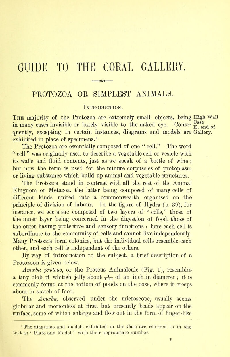 GDIDE TO THE CORAL GALLERY. PKOTOZOA OR SIMPLEST ANIMALS. Introduction. The majority of the Protozoa are extremely small objects, being High Wall in many cases invisible or barely visible to the naked eye. Conse- ^,as®nd of quently, excepting in certain instances, diagrams and models are Gallery, exhibited in place of specimens.1 The Protozoa are essentially composed of one “ cell.” The word “ cell ” was originally used to describe a vegetable cell or vesicle with its walls and fluid contents, just as we speak of a bottle of wine ; but now the term is used for the minute corpuscles of protoplasm or living substance which build np animal and vegetable structures. The Protozoa stand in contrast with all the rest of the Animal Kingdom or Metazoa, the latter being composed of many cells of different kinds united into a commonwealth organised on the principle of division of labour. In the figure of Hydra (p. 39), for instance, we see a sac composed of two layers of “ cells,” those of the inner layer being concerned in the digestion of food, those of the outer having protective and sensory functions ; here each cell is subordinate to the community of cells and cannot live independently. Many Protozoa form colonies, but the individual cells resemble each other, and each cell is independent of the others. By way of introduction to the subject, a brief description of a Protozoon is given below. Amoeba proteus, or the Proteus Animalcule (Pig. 1), resembles a tiny blob of whitish jelly about of an inch in diameter ; it is commonly found at the bottom of ponds on the ooze, where it creeps about in search of food. The Amoeba, observed under the microscope, usually seems globular and motionless at first, but presently beads appear on the surface, some of which enlarge and flow out in the form of finger-like 1 The diagrams and models exhibited in the Case are referred to in the text as “Plate and Model,” with their appropriate number.