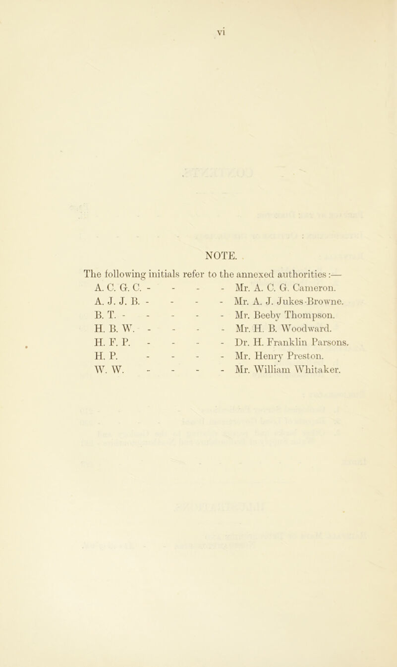 NOTE. The following initials refer to the annexed authorities:— A. C. G. C. - A. J. J. B. - B. T. - H. B. W. - H. F. P. - H. P. - W. W. - Mr. A. C. G, Cameron. - Mr. A. J. Jukes-Browne. - Mr. Beeby Thompson. - Mr. H. B. Woodward. - Dr. IT. Franklin Parsons. - Mr. Henry Preston. - Mr. William Whitaker.