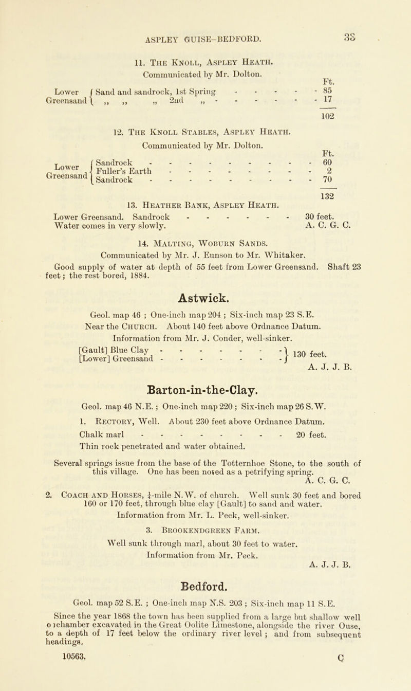 ASPLEY GUISE-BEDFORD. 11. The Knoll, Aspley Heath. Communicated by Mr. Dolton. Lower f Sand and sandrock, 1st Spring Greensand \ ,, ,, „ 2nd „ Ft. - 85 - 17 102 12. The Knoll Stables, Aspley Heath. Communicated by Mr. Dolton. Lower Greensand ' Sandrock - Fuller’s Earth Sandrock 13. Heather Bank, Aspley Heath. Lower Greensand. Sandrock Water comes in very slowly. Ft. - 60 2 - 70 132 30 feet. A. C. G. C. 14. Malting, Woburn Sands. Communicated by Mr. J. Eunson to Mr. Whitaker. Good supply of water at depth of 55 feet from Lower Greensand. Shaft 23 feet; the rest bored, 1884. Astwick. Geol. map 46 ; One-inch map 204 ; Six-inch map 23 S.E. Near the Church. About 140 feet above Ordnance Datum. Information from Mr. J. Conder, well-sinker. [Gault] Bine Clay I 130 feet. [Lower] Greensand J A. J. J. B. Barton-in-the-Clay. Geol. map 46 N.E. ; One-inch map 220; Six-inch map 26 S.W. 1. Rectory, Well. About 230 feet above Ordnance Datum. Chalk marl 20 feet. Thin rock penetrated and water obtained. Several springs issue from the base of the Totternhoe Stone, to the south of this village. One has been noted as a petrifying spring. A. C. G. C. 2. Coach and Horses, £-mile N.W. of church. Well sunk 30 feet and bored 160 or 170 feet, through blue clay [Gault] to sand and water. Information from Mr. L. Peck, well-sinker. 3. Brookendgreen Farm. Well sunk through marl, about 30 feet to water. Information from Mr. Peck. A. J. J. B. Bedford. Geol. map 52 S.E. ; One-inch map N.S. 203 ; Six-inch map 11 S.E. Since the year 1868 the town has been supplied from a large but shallow well o ichamber excavated in the Great Oolite Limestone, alongside the river Ouse, to a depth of 17 feet below the ordinary river level ; and from subsequent headings. 10563. Q