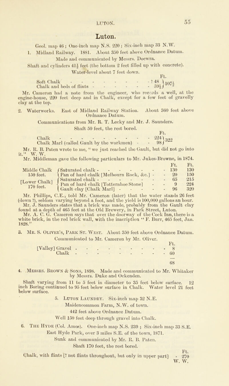 Luton. Geol. map 40 ; One-inch map N.S. 220 ; Six-inch map 33 N.W. 1. Midland Railway. 1881. About 350 feet above Ordnance Datum. Made and communicated by Messrs. Docwra. Shaft and cylinders 41| feet (the bottom 2 feet filled up with concrete). Water-level about 7 feet down. Ft. Soft Chalk - - - - - - - -?48\107i Chalk and beds of Hints 59|J 2 Mr. Cameron had a note from the engineer, who records a well, at the engine-house, 220 feet deep and in Chalk, except for a few feet of gravelly clay at the top. 2. Waterworks. East of Midland Railway Station. About 300 feet above Ordnance Datum. Communications from Mr. R. T. Lecky and Mr. J. Saunders. Shaft 50 feet, the rest bored. Ft. Chalk 224 \ o99 Chalk Marl (called Gault by the workmen) - - 98 J ' Mr. R. B. Paten wrote to me, “ we just reached the Gault, but did not go into it.” W. W. Mr. Middleman gave the following particulars to Mr. Jukes-Browne, in 1874. Middle Chalk 150 feet. [Lower Chalk] 170 feet. /Saturated chalk [Pan of hard chalk [Melbourn Rock, &c.] - ' Saturated chalk - Pan of hard chalk [Totternhoe Stone] Gault clay [Chalk Marl] - Ft. Ft. 130 130 20 150 65 215 9 224 96 320 Mr. Phillips, C.E.j told Mr. Cameron (later) that the water stands 26 feet (down ?), seldom varying beyond a foot, and the yield is 100,000 gallons an hour. Mr. J. Saunders states that a brick was made, probably from the Gault clay found at a depth of 465 feet at the Old Brewery, in Park Street, Luton. Mr. A. C. G. Cameron says that over the doorway of the Cock Inn, there is a white brick, in the red brick wall, with the inscription “ F. Burr, 465 feet, Jan. 1828.” 3. Mr. S. Oliver’s, Park St. West. About 350 feet above Ordnance Datum. Communicated to Mr. Cameron by Mr. Oliver. Ft. [Valley] Gravel - 8 Chalk GO 68 4. Messrs. Brown & Sons, 1898. Made and communicated to Mr. Whitaker by Messrs. Duke and Ockenden. Shaft varying from 11 to 5 feet in diameter to 35 feet below surface. 12 inch Boring continued to 95 feet below surface in Chalk. Water level 21 feet below surface. 5. Luton Laundry. Six-inch map 32 N.E. Maidencommon Farm, N.W. of town. 442 feet above Ordnance Datum. Well 150 feet deep through gravel into Chalk. 6. The Hyde (Col. Ames). One-inch map N.S. 239 ; Six-inch map 33 S.E. East Hyde Park, over 3 miles S.E. of the town, 1871. Sunk and communicated by Mr. R. B. Paten. Shaft 170 feet, the rest bored. Ft. Chalk, with flints [? not flints throughout, but only in upper part] - 270 W. W.
