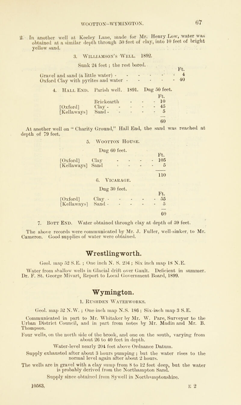 2. In. another well .at Keeley Lane, made for Mr. Henry Low, water as obtained at a similar depth through 50 feet of clay, into 10 feet of bright yellow sand. . 1 ... . . . 3. Williamson’s Well. 1892. Sunk 24 feet; the rest bored. Ft. Gravel and sand (a little water) - - 4 Oxford Clay with pyrites and water 40 4. Hall End. Parish well. 1891. Dug 50 feet. Ft. Brick earth - - - 10 [Oxford] Clay 45 [Kellaways] Sand 5 60 At another well on “ Charity Ground,” Hall End, the sand was reached at depth of 79 feet. 5. Wootton House. Dug 60 feet. [Oxford] Clay [Kellaways] Sand 6. Vicarage. Dug 30 feet. [Oxford] Clay - [Kellaways] Sand - Ft. - 105 5 110 Ft. - 55 - 5 60 7. Bott End. Water obtained through clay at depth of 59 feet. The above records were communicated by Mr. J. Fuller, well-sinker, to Mr. Cameron. Good supplies of water were obtained. Wrestlingworth. Geol. map 52 S.E. ; One inch N. S. 204 ; Six inch map 18 N.E. Water from shallow wells in Glacial drift over Gault. Delicient in summer. Dr. F. St. George Mivart, Report to Local Government Board, 1899. Wymington. 1. Rushden Waterworks. Geol. map 52 N.W. ; One inch map N.S. 186 ; Six-inch map 3 S.E. Communicated in part to Mr. Whitaker by Mr. W. Pare, Surveyor to the Urban District Council, and in part from notes by Mr. Madin and Mr. B. Thompson. Four wells, on the north side of the brook, and one on the south, varying from about 26 to 40 feet in depth. Water-level nearly 204 feet above Ordnance Datum. Supply exhausted after about 3 hours pumping ; but the water rises to the normal level again after about 2 hours. The wells are in gravel with a clay sump from 8 to 12 feet deep, but the water is probably derived from the Northampton Sand. Supply since obtained from Sywell in Northamptonshire. v O 10563,