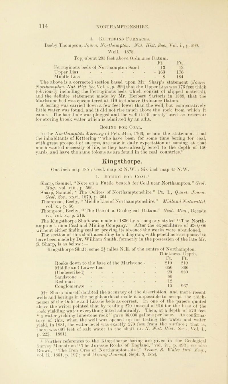 4. Kettering Furnaces. Beeby Thompson, Jo urn. Northampton. Nat. Hist. Soc., Vol. i., p. 290. Well. 1878. Top, about 295 feet above Ordnance Datum. Ft. Ft. Ferruginous beds of Northampton Sand - - 13 13 Upper Liaa 163 176 Middle Lias 8 184 The above is a corrected section based upon Mr. Sharp’s statement (Journ Northampton. Nat. Hist. Soc. Vol. i., p. 292) that the Upper Lias was 176 feet thick (obviously including the Ferruginous beds which consist of slipped material), and the definite statement made by Mr. Herbert Sartoris in 1889, that the Marlstone bed was encountered at 119 feet above Ordnance Datum. A boring was carried down a few feet lower than the well, but comparatively little water was found, and it did not rise much above the rock from which it came. The bore hole was plugged and the well itself merely used as reservoir for storing brook water which is admitted by an adit. Boring for Coal. In the Northampton Mercury of Feb. 24th, 1766, occurs the statement that the inhabitants of Kettering “ who have been for some time boring for coal, with great prospect of success, are now in daily expectation of coming at that much-wanted necessity of life, as they have already bored to the depth of 150 yards, and have the same tokens as are found in the coal countries.” Kingsthorpe. One-inch map 185 ; Geol. map 52 N.W. ; Six-inch map 45 N.W. 1. Boring for Coal.1 Sharp, Samuel, “Note on a Futile Search for Coal near Northampton.” Geol. Mag., vol. viii., p. 506. Sharp, Samuel, “The Oolites of Northamptonshire.” IT. I., Quart. Journ. Geol. Soc., xxvi. 1870, p. 364. Thompson, Beeby, “ Middle Lias of Northamptonshire.” Midland Naturalist, vol. x., p. 56. Thompson, Beeby, “ The Use of a Geological Datum.” Geol. Mag., Decade iv., vol. x., p. 216. The Kingsthorpe Shaft was made in 1836 by a company styled “ The North- ampton Union Coal and Mining Company.” After the expenditure of £30,000 without either finding coal or proving its absence the works were abandoned. The section of this shaft according to a diagram, with pencil notes supposed to have been made by Dr. William Smith, formerly in the possession of the late Mr. S. Sharp, is as below :— Kingsthorpe Shaft, some 2J miles N.E. of the centre of Northampton. Thickness. Depth. Ft. Ft. Rocks down to the base of the Marlstone - - 210 210 Middle and Lower Lias 650 860 (Undescribed) ------- 20 880 Sandstone -------- 60 Red marl - - - 12 Conglomerate 15 967 Mr. Sharp himself doubted the accuracy of the description, and more recent wells and borings in the neighbourhood made it impossible to accept the thick- nesses of the Oolitic and Liassic beds as correct. In one of the papers quoted above the writer pointed that by reading 270 instead of 210 for the btse of the rock yielding water everything fitted admirably. Then, at a depth of 270 feet “ a water yielding limestone rock ” gave 36,000 gallons per hour. As confirma- tory of this, when the well was opened up for testing the water and water yield, in 1881, the water-level was exactly 270 feet from the surface ; that i->, there was 697 feet of salt water in the shaft (J. N. Nat. Hist. Soc.., Vol. i., p. 223. i 1881). Further references to the Kingsthorpe boring are given in the Geological 1 ”T  * see a’ Brown, “The Iron Ores of Northamptonshire,” Trans. i. iv., p 493 S. IVates In*t. yol. ii., 1861, p. 197 ; and Mining Journal, Sept. 3, 1854. :o Eng.,