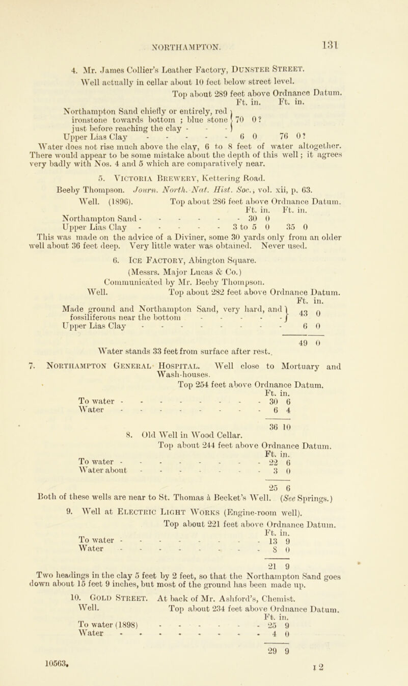 NORTH AMPT< >N. 4. Mr. James Collier’s Leather Factory, Dunster Street. Well actually in cellar about 10 feet below street level. Top about 289 feet above Ordnance Datum. Ft. in. Ft. in. Northampton Sand chiefly or entirely, red \ ironstone towards bottom ; blue stone 70 0 ? just before reaching the clay - - - J Upper Lias Clay 6 0 76 0? Water does not rise much above the clay, 6 to 8 feet of water altogether. There would appear to be some mistake about the depth of this well; it agrees very badly with Nos. 4 and 5 which are comparatively near. 5. Victoria Brewery, Kettering Road. Beeby Thompson. Journ. North. Nat. Hist. Soc. , vol. xii, p. 63. Well. (1896). Top about 286 feet above Ordnance Datum. Ft. in. Ft. in. Northampton Sand 30 0 Upper Lias Clay 3 to 5 0 35 0 This was made on the advice of a Diviner, some 30 yards only from an older well about 36 feet deep. Very little water was obtained. Never used. 6. Ice FACTORY, Abington Square. (Messrs. Major Lucas & Co.) Communicated by Mr. Beeby Thompson. Well. Top about 282 feet above Ordnance Datum. Ft. in. Made ground and Northampton Sand, very hard, and \ r. fossiliferous near the bottom - - - - - / Upper Lias Clay 6 0 49 0 Water stands 33 feet from surface after rest.. 7. Northampton General Hospital. Well close to Mortuary and Wash-houses. • Top 254 feet above Ordnance Datum. Ft. in. To water 30 6 Water 6 4 36 10 8. Old Well in Wood Cellar. Top about 244 feet above Ordnance Datum. Ft. in. To water 22 6 Water about 3 0 25 6 Both of these wells are near to St. Thomas k Becket’s Well. (See Springs.) 9. Well at Electric Light Works (Engine-room well). Top about 221 feet above Ordnance Datum. Ft. in. To water 13 9 Water 8 0 21 9 Two headings in the clay 5 feet by 2 feet, so that the Northampton Sand goes down about 15 feet 9 inches, but most of the ground has been made up. 10. Gold Street. At back of Mr. Ashford’s, Chemist. Well. Top about 234 feet above Ordnance Datum. Ft. in. To water (1898) 25 9 Water 4 0 29 9 i 2 10563,