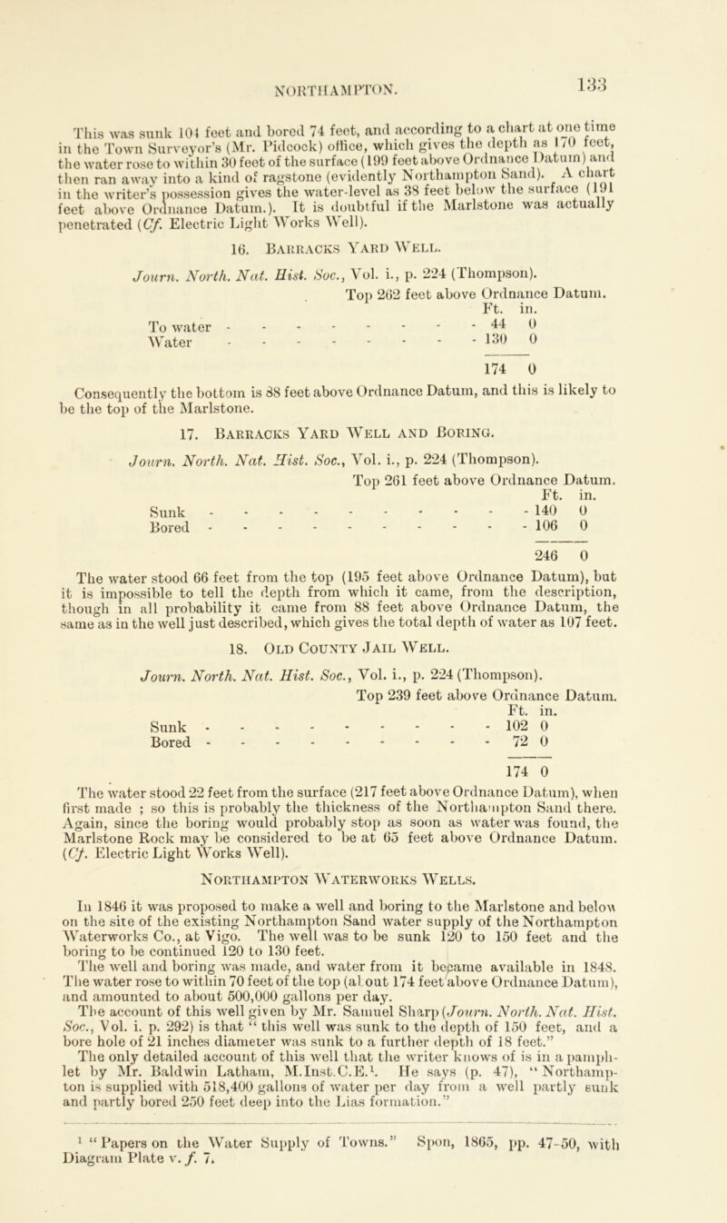 This was sunk 104 feet and bored 74 feet, and according to a chart at one time in the Town Surveyor’s (Mr. Pidcock) office, which gives the depth as 1,0 feet, the water rose to within 30 feet of the surface (199 feet above Ordnance Datum) and then ran away into a kind of ragstone (evidently Northampton Sand). A chart in the writer’s possession gives the water-level as 38 feet below the surface (1Ml feet above Ordnance Datum.). It is doubtful if the Marlstone was actual y penetrated (Cf. Electric Light Works Well). 16. Barracks Yard Well. Journ. North. Nat. Hist. Soc., Yol. i., p. 224 (Thompson). Top 262 feet above Ordnance Datum. Ft. in. To water 44 0 Water 130 0 174 0 Consequently the bottom is 38 feet above Ordnance Datum, and this is likely to be the top of the Marlstone. 17. Barracks Yard Well and Boring. Journ. North. Nat. Hist. Soc., Vol. i., p. 224 (Thompson). Top 261 feet above Ordnance Datum. Ft. in. Sunk 140 0 Bored 106 0 246 0 The water stood 66 feet from the top (195 feet above Ordnance Datum), but it is impossible to tell the depth from which it came, from the description, though in all probability it came from 88 feet above Ordnance Datum, the same as in the well just described, which gives the total depth of water as 107 feet. 18. Old County Jail Well. Journ. North. Nat. Hist. Soc., Vol. i., p. 224 (Thompson). Top 239 feet above Ordnance Datum. Ft. in. Sunk 102 0 Bored 72 0 174 0 The water stood 22 feet from the surface (217 feet above Ordnance Datum), when first made ; so this is probably the thickness of the Northampton Sand there. Again, since the boring would probably stop as soon as water was found, the Marlstone Rock may be considered to be at 65 feet above Ordnance Datum. (Cf. Electric Light Works Well). Northampton Waterworks Wells. In 1846 it was proposed to make a well and boring to the Marlstone and belov on the site of the existing Northampton Sand water supply of the Northampton Waterworks Co., at Vigo. The well was to be sunk 120 to 150 feet and the boring to be continued 120 to 130 feet. The well and boring was made, and water from it bepame available in 1848. The water rose to within 70 feet of the top (alout 174 feet above Ordnance Datum), and amounted to about 500,000 gallons per day. The account of this well given by Mr. Samuel Sharp (Journ. North. Nat. Hist. Soc., Vol. i. p. 292) is tha.t “ this well was sunk to the depth of 150 feet, and a bore hole of 21 inches diameter was sunk to a further depth of 18 feet.” The only detailed account of this well that the writer knows of is in a pamph- let by Mr. Baldwin Latham, M.Inst.C.E.1. He says (p. 47), “Northamp- ton is supplied with 518,400 gallons of water per day from a well partly sunk and partly bored 250 feet deep into the Lias formation.” 1 “ Papers on the Water Supply of Towns.” Spon, 1865, pp. 47-50, with Diagram Plate v. /. 7.