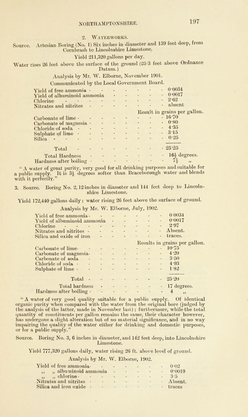 Source. 2. Waterworks. Artesian Boring (No. 1) Six inches in diameter and 139 Cornbrasli to Lincolnshire Limestone. feet deep, from Yield 211,320 gallons per day. Water rises 26 feet above the surface of the ground (25‘3 feet above Ordnance Datum.) Analysis by Mr. W. Elborne, November 1901. Communicated by the Local Government Board. Yield of free ammonia - Yield of albuminoid ammonia Chlorine Nitrates and nitrites ------ 0 0034 0-0017 2-62 absent Carbonate of lime - Carbonate of magnesia - Chloride of soda - Sulphate of lime - Silica - - - - Total Result in grains per gallon. - 16*70 - 0-80 - 4-35 - 3 15 - 025 - 25*25 Total Hardness Hardness after boiling 16£ degrees. 71 * 2 “ A water of great purity, very good for all drinking purposes and suitable for a public supply. It is 3| degrees softer than Braceborough water and blends with it perfectly.” 3. Source. Boring No. 2,12inches in diameter and 144 feet deep to Lincoln- shire Limestone. Yield 172,440 gallons daily : water rising 26 feet above the surface of ground. Analysis by Mr. W. Elborne, July, 1902. Yield of free ammonia Yield of albuminoid ammonia - - - - Chlorine Nitrates and nitrites Silica and oxide of iron Carbonate of lirne- Carbonate of magnesia- Carbonate of soda Chloride of soda - Sulphate of lime - Total - Total hardness Hardness after boiling - 0 0034 0-0017 2-97 Absent, traces. Results in grains per gallon. - 10-75 - 4-20 - 3-50 - 4-93 - 1-82 - 25 20 - 17 degrees. “ A water of very good quality suitable for a public supply. Of identical organic purity when compared with the water from the original bore (judged by the analysis of the latter, made in November last) ; furthermore, while the total quantity of constituents per gallon remains the same, their character however, has undergone a slight alteration but of no material significance, and in no way impairing the quality of the water either for drinking and domestic purposes, or for a public supply.” Source. Boring No. 3, 6 inches in diameter, and 142 feet deep, into Lincolnshire Limestone. Yield 777,320 gallons daily, water rising 26 ft. above level of ground. Analysis by Mr. W. Elborne, 1902. Yield of free ammonia 0-02 ,, „ albuminoid ammonia 0 0019 ,, ,, chlorine 35 Nitrates and nitrites ------- Absent. Silica and iron oxide ------- traces