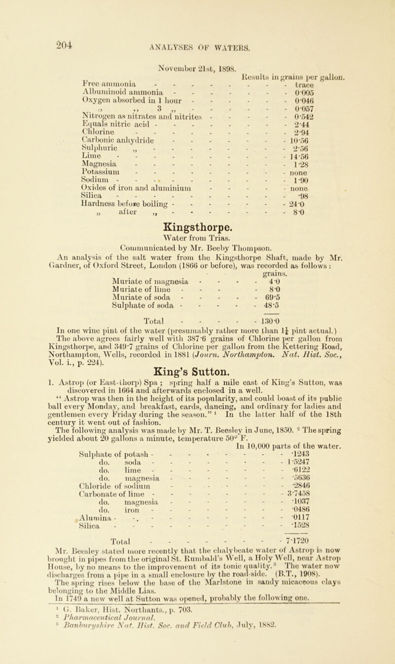 November 21st, 1898. Results ingrains per gallon. Free ammonia ....... Albuminoid ammonia ...... Oxygen absorbed in 1 hour Nitrogen as nitrates and nitrites - - - - Equals nitric acid Chlorine ........ Carbonic anhydride Sulphuric „ Lime Magnesia Potassium Sodium --------- Oxides of iron and aluminium .... Silica Hardness befoxe boiling ------ „ after ,, Kingsthorpe. Water from Trias. Communicated by Mr. Beeby Thompson. An analysis of the salt water from the Kingsthorpe Shaft, made by Mr. Gardner, of Oxford Street, London (1866 or before), was recorded as follows : Muriate of magnesia grains. - 40 Muriate of lime - - 8-0 Muriate of soda - - - 69-5 Sulphate of soda - . - - 48-5 Total .. - 130-0 In one wine pint of the water (presumably rather more than lj pint actual.) The above agrees fairly well with 387‘6 grains of Chlorine per gallon from Kingsthorpe, and 349’7 grains of Chlorine per gallon from the Kettering Road, Northampton, Wells, recorded in 1881 {Journ. Northampton. Nat. Hist. Soc., Vol. i., p. 224). King’s Sutton. 1. Astrop (or East-thorp) Spa ; spring half a mile east of King’s Sutton, was discovered in 1664 and afterwards enclosed in a well. “ Astrop was then in the height of its popularity, and could boast of its public ball every Monday, and breakfast, cards, dancing, and ordinary for ladies and gentlemen every Friday during the season.” 1 In the latter half of the 18th century it went out of fashion. The following analysis was made by Mr. T. Beesley in June, 1850. 2 The spring yielded about 20 gallons a minute, temperature 50° F. In 10,000 parts of the water. Sulphate of potash - - • - - - - 1243 do. soda - - - - - - 1-5247 do. lime - - - - - - 6122 do. magnesia - - - - - 5636 Chloride of sodium - ■ - - - - - -2846 Carbonate of lime - - - - - - - 3-7458 do. magnesia - - - - - - 1037 do. iron - - - - - - 0486 Alumina- - - - - - - 0117 Silica - - - - - - - - - -1528 Total _ _ - - - - 7-1720 Mr. Beesley stated more recently that the chalybeate water of Astrop is now brought in pipes from the original St. Rumbald’s W ell, a Holy W ell, near Astrop House, by no means to the improvement of its tonic quality. '* The water now discharges from a pipe in a small enclosure by the road-side. (B.T., 1908). The spring rises below the base of the Marlstone in sandy micaceous clays belonging to the Middle Lias. In 1749 a new well at Sutton was opened, probably the following one. 1 G. Baker, Hist. Northants., p. 703. 2 Pharmaceutical Journal. 8 Banburyshire Nat. Hist. Soc. and Field Club, July, 1882. - trace - 0 005 - 0-046 - 0-057 - 0-542 - 2-44 - 2-94 - 10-56 - 2-56 - 14-56 - 1-28 - none - 1-90 - none •98 - 24-0 - 8-0