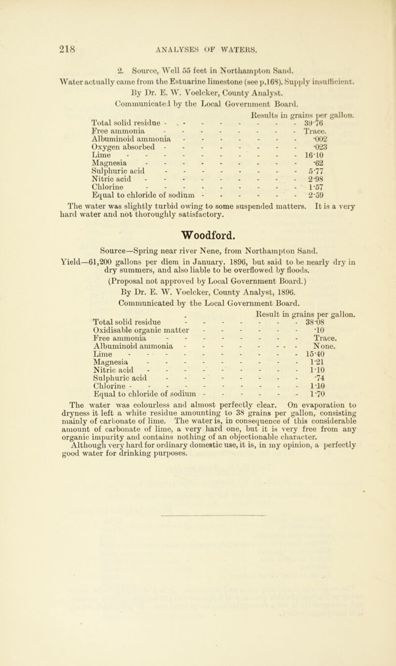 2. Source, Well 55 feet in Northampton Sand. Water actually came from the Estuarine limestone (see p,168). Supply insufficient. By Dr. E. W. Voelcker, County Analyst. Communicated by the Local Government Board. Results in grains per gallon. Total solid residue 39’76 Free ammonia Trace. Albuminoid ammonia *002 Oxygen absorbed '023 Lime 16'L0 Magnesia --------- '62 Sulphuric acid 5 '77 Nitric acid - - - - 2'98 Chlorine 1 '57 Equal to chloride of sodium 2'59 The water was slightly turbid owing to some suspended matters. It is a very hard water and not thoroughly satisfactory. Woodford. Source—Spring near river Nene, from Northampton Sand. Yield—61,200 gallons per diem in January, 1896, but said to be nearly dry in dry summers, and also liable to be overflowed by floods. (Proposal not approved by Local Government Board.) By Dr. E. W. Voelcker, County Analyst, 1896. Communicated by the Local Government Board. . Result in grains per gallon. Total solid residue 38 '08 Oxidisable organic matter TO Free ammonia Trace. Albuminoid ammonia N one. Lime 15'40 Magnesia 1*21 Nitric acid 1T0 Sulphuric acid '74 Chlorine 1T0 Equal to chloride of sodium - - - - - 1 '70 The water Avas colourless and almost perfectly clear. On evaporation to dryness it left a white residue amounting to 38 grains per gallon, consisting mainly of carbonate of lime. The water is, in consequence of this considerable amount of carbonate of lime, a very hard one, but it is very free from any organic impurity and contains nothing of an objectionable character. Although very hard for ordinary domestic use, it is, in my opinion, a perfectly good water for drinking purposes.