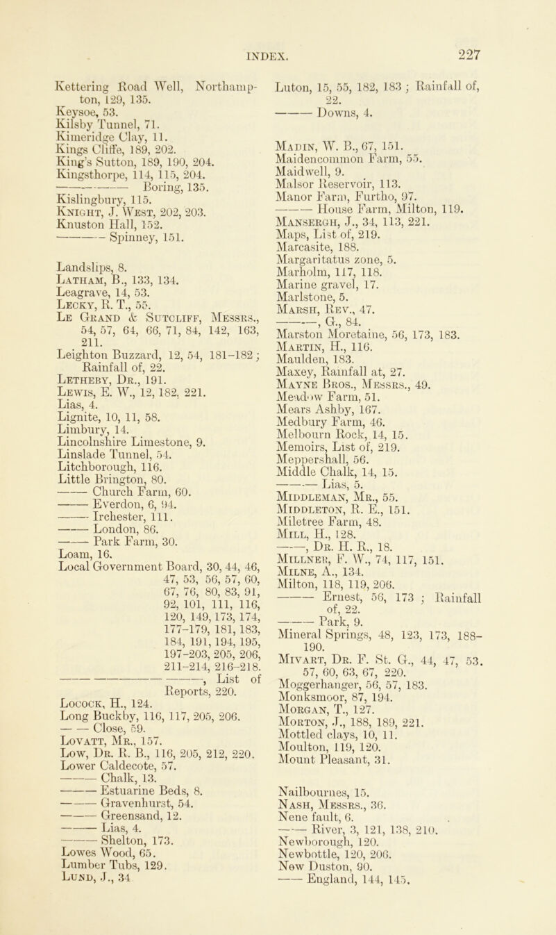 Kettering Road Well, Northamp- ton, 129, 135. Keysoe, 53. Kilsby Tunnel, 71. Kimeridge Clay, 11. Kings Clilfe, 189, 202. King’s Sutton, 189, 190, 204. Ivingsthorpe, 114, 115, 204. Boring, 135. Kislingbury, 115. Knight, J. West, 202, 203. Knuston Hall, 152. Spinney, 151. Landslips, 8. Latham, B., 133, 134. Leagrave, 14, 53. Lecky, R. T., 55. Le Grand & Sutcliff, Messrs., 54, 57, 64, 66, 71, 84, 142, 163, 211. Leighton Buzzard, 12, 54, 181-182 ; Rainfall of, 22. Letheby, Dr., 191. Lewis, E. W., 12,182. 221. Lias, 4. Lignite, 10, 11, 58. Linibury, 14. Lincolnshire Limestone, 9. Linslade Tunnel, 54. Litchborough, 116. Little Brington, 80. Church Farm, 60. Everdon, 6, 94. Irchester, 111. London, 86. Park Farm, 30. Loam, 16. Local Government Board, 30, 44, 46, 47, 53, 56, 57, 60, 67, 76, 80, 83, 91, 92, 101, 111, 116, 120, 149,173, 174, 177-179, 181, 183, 184, 191, 194, 195, 197-203, 205, 206, 211-214, 216-218. , List of Reports, 220. Locock, H., 124. Long Buckby, 116, 117, 205, 206. Close, 59. Lovatt, Mr., 157. Low, Dr. R. B., 116, 205, 212, 220. Lower Caldecote, 57. Chalk, 13. Estuarine Beds, 8. Gravenhurst, 54. Greensand, 12. Lias, 4. Shelton, 173. Lowes Wood, 65. Lumber Tubs, 129. Lusd, J., 34 Luton, 15, 55, 182, 183 ; Rainfall of, 22. Downs, 4. Madin, W. B., 67, 151. Maidencoinmon Farm, 55. Maid well, 9. Malsor Reservoir, 113. Manor Farm, Furtho, 97. House Farm, Milton, 119. Mansergh, J., 34, 113, 221. Maps, List of, 219. Marcasite, 188. Margaritatus zone, 5. Marholm, 117, 118. Marine gravel, 17. Marlstone, 5. Marsh, Rev., 47. , G., 84. Marston Moretaine, 56, 173, 183. Martin, PI., 116. Maulden, 183. Maxey, Rainfall at, 27. Mayne Bros., Messrs., 49. Meadow Farm, 51. Mears Ashby, 167. Medbury Farm, 46. Melbourn Rock, 14, 15. Memoirs, List of, 219. Meppershall, 56. Middle Chalk, 14, 15. Lias, 5. Middleman, Mr., 55. Middleton, R. E., 151. Miletree Farm, 48. Mill, H., 128. ——, Dr. H. R., 18. Millner, F. W., 74, 117, 151. Milne, A., 134. Milton, 118, 119, 206. Ernest, 56, 173 ; Rainfall of, 22. Park, 9. Mineral Springs, 48, 123, 173, 188- 190. Mivart, Dr.. F. St. G., 44, 47, 53. 57, 60, 63, 67, 220. Moggerhanger, 56, 57, 183. Monksmoor, 87, 194. Morgan, T., 127. Morton, J., 188, 189, 221. Mottled clays, 10, 11. Moulton, 119, 120. Mount Pleasant, 31. Nailbournes, 15. Nash, Messrs., 36. Nene fault, 6. —— River, 3, 121, 138, 210. Newborough, 120. Newbottle, 120, 206. New Duston, 90. England, 144, 145.