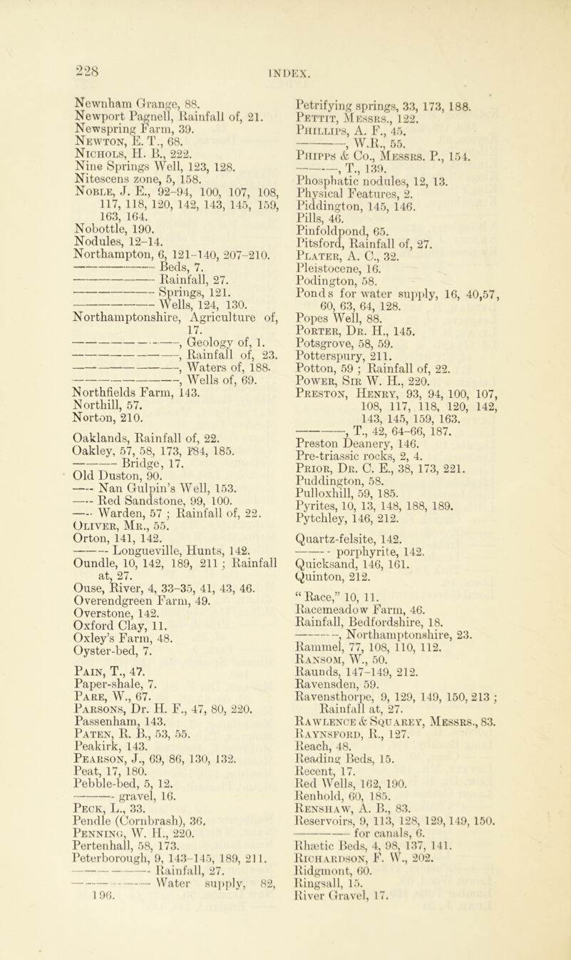 Newnham Grange, 88. Newport Pagnell, Rainfall of, 21. Newspring Farm, 39. Newton, E. T., 68. Nichols, H. B., 222. Nine Springs Well, 123, 128. Nitescens zone, 5, 158. Noble, J. E., 92-94, 100, 107, 108, 117, 118, 120, 142, 143, 145, 159, 163, 164. Nobottle, 190. Nodules, 12-14. Northampton, 6, 121-140, 207-210. Beds, 7. Rainfall, 27. Springs, 121. Wells, 124, 130. Northamptonshire, Agriculture of, 1 / . , Geology of, 1. , Rainfall of, 23. , Waters of, 188. , Wells of, 69. Northfields Farm, 143. Nor thill, 57. Norton, 210. Oaklands, Rainfall of, 22. Oakley, 57, 58, 173, 184, 185. Bridge, 17. Old Duston, 90. Nan Gulpin’s Well, 153. Red Sandstone, 99, 100. Warden, 57 ; Rainfall of, 22. Oliver, Mr., 55. Orton, 141, 142. Longueville, Hunts, 142. Oundle, 10, 142, 189, 211 ; Rainfall at, 27. Ouse, River, 4, 33-35, 41, 43, 46. Overendgreen Farm, 49. Overstone, 142. Oxford Clay, 11. Oxley’s Farm, 48. Oyster-bed, 7. Pain, T., 47. Paper-shale, 7. Pare, W., 67. Parsons, Dr. H. F., 47, 80, 220. Passenham, 143. Paten, R. B., 53, 55. Peakirk, 143. Pearson, J., 69, 86, 130, 132. Peat, 17, 180. Pebble-bed, 5, 12. gravel, 16. Peck, L., 33. Pendle (Cornbrash), 36. Penning, W. H., 220. Pertenhall, 58, 173. Peterborough, 9, 143-145, 189, 211. — Rainfall, 27. Water supply, 82, 196. Petrifying springs, 33, 173, 188. Pettit, Messrs., 122. Phillips, A. F., 45. , W.R., 55. Phipps & Co., Messrs. P., 154. , T., 139. Phosphatic nodules, 12, 13. Physical Features, 2. Piddington, 145, 146. Pills, 46. Pinfoldpond, 65. Pitsford, Rainfall of, 27. Plater, A. C., 32. Pleistocene, 16. Podington, 58. Ponds for water supply, 16, 40,57, 60, 63, 64, 128. Popes Well, 88. Porter, Dr. H., 145. Potsgrove, 58, 59. Potterspury, 211. Potton, 59 ; Rainfall of, 22. Power, Sir W. H., 220. Preston, Henry, 93, 94, 100, 107, 108, 117, 118, 120, 142, 143, 145, 159, 163. , T., 42, 64-66, 187. Preston Deanery, 146. Pre-triassic rocks, 2, 4. Prior, Dr. C. E., 38, 173, 221. Puddington, 58. Pulloxhill, 59, 185. Pyrites, 10, 13, 148, 188, 189. Pytchley, 146, 212. Quartz-felsite, 142. porphyrite, 142. Quicksand, 146, 161. Quinton, 212. “ Race,” 10, 11. Racemeadow Farm, 46. Rainfall, Bedfordshire, 18. , Northamptonshire, 23. Rammel, 77, 108, 110, 112. Ransom, W., 50. Raunds, 147-149, 212. Ravensden, 59. Ravensthorpe, 9, 129, 149, 150, 213 ; Rainfall at, 27. Rawlence & Squarey, Messrs., 83. Raynsford, R., 127. Reach, 48. Reading Beds, 15. Recent, 17. Red Wells, 162, 190. Renhold, 60, 185. Renshaw, A. B., 83. Reservoirs, 9, 113, 128, 129,149, 150. — for canals, 6. Rhsetic Beds, 4, 98, 137, 141. Richardson, F. W, 202. Ridgmont, 60. Ringsall, 15. River Gravel, 17.