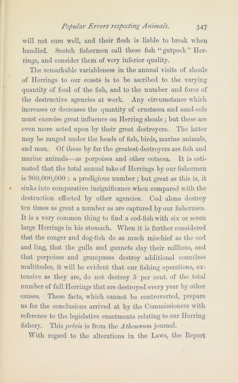 will not cure well, and tlieir flesh is liable to break when handled. Scotch fishermen call these fish “ gutpock ” Her- rings, and consider them of very inferior quality. Tlie remarkable variableness in the annual visits of shoals of Herrings to our coasts is to be ascribed to the varying quantity of food of the fish, and to the number and force of the destructive agencies at work. Any circumstance which increases or decreases the quantity of Crustacea and sand-eels must exercise great influence on Herring shoals ; but these are even more acted upon by their great destroyers. The latter may be ranged under the heads of fish, birds, marine animals, and man. Of these by far the greatest destroyers are fish and marine animals—as porpoises and other cetacea. It is esti- mated that the total annual take of Herrings by our fishermen is 900,000,000 ; a prodigious number; but great as this is, it sinks into comparative insignificance when compared with the destruction effected by other agencies. Cod alone destroy ten times as great a number as are captured by our fishermen. It is a very common thing to find a cod-fish with six or seven large Herrings in his stomach. When it is further considered that the conger and dog-fish do as much mischief as the cod and ling, that the gulls and gannets slay their millions, and that porpoises and grampuses destroy additional countless multitudes, it will be evident that our fishing operations, ex- tensive as they are, do not destroy 5 per cent, of the total number of full Herrings that are destroyed every year by other causes. These facts, which cannot be controverted, prepare us for the conclusions arrived at bv the Commissioners with reference to the legislative enactments relating to our Herring fishery. This precis is from the Athenceum journal. With regard to the alterations in the Laws, the lieport