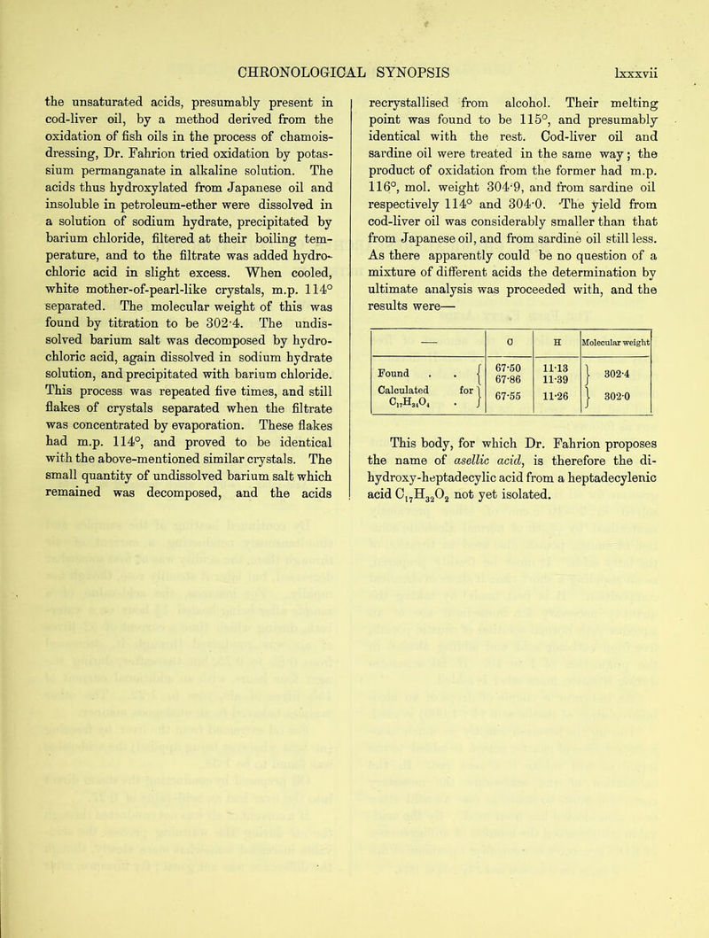 the unsaturated acids, presumably present in cod-liver oil, by a method derived from the oxidation of fish oils in the process of chamois- dressing, Dr. Fahrion tried oxidation by potas- sium permanganate in alkaline solution. The acids thus hydroxylated from Japanese oil and insoluble in petroleum-ether were dissolved in a solution of sodium hydrate, precipitated by barium chloride, filtered at their boiling tem- perature, and to the filtrate was added hydro- chloric acid in slight excess. When cooled, white mother-of-pearl-like crystals, m.p. 114° separated. The molecular weight of this was found by titration to be 302-4. The undis- solved barium salt was decomposed by hydro- chloric acid, again dissolved in sodium hydrate solution, and precipitated with barium chloride. This process was repeated five times, and still flakes of crystals separated when the filtrate was concentrated by evaporation. These flakes had m.p. 114°, and proved to be identical with the above-mentioned similar crystals. The small quantity of undissolved barium salt which remained was decomposed, and the acids recrystallised from alcohol. Their melting point was found to be 115°, and presumably identical with the rest. Cod-liver oil and sardine oil were treated in the same way; the product of oxidation from the former had m.p. 116°, mol. weight 304-9, and from sardine oil respectively 114° and 304-0. -The yield from cod-liver oil was considerably smaller than that from Japanese oil, and from sardine oil still less. As there apparently could be no question of a mixture of different acids the determination by ultimate analysis was proceeded with, and the results were— — 0 H Molecular weight Found ■ { 67-50 67-86 11-13 11-39 | 302-4 Calculated c17h3404 for | 67-55 11-26 | 302-0 This body, for which Dr. Fahrion proposes the name of asellic acid, is therefore the di- hydroxy-heptadecylic acid from a heptadecylenic acid C17H3202 not yet isolated.