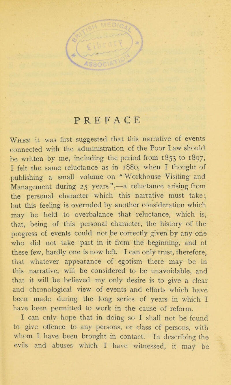 PREFACE When it was first suggested that this narrative of events connected with the administration of the Poor Law should be written by me, including the period from 1853 to 1897, I felt the same reluctance as in 1880, when I thought of publishing a small volume on “ Workhouse Visiting and Management during 25 years”,—a reluctance arising from the personal character which this narrative must take; but this feeling is overruled by another consideration which may be held to overbalance that reluctance, which is, that, being of this personal character, the history of the progress of events could not be correctly given by any one who did not take part in it from the beginning, and of these few, hardly one is now left. I can only trust, therefore, that whatever appearance of egotism there may be in this narrative, will be considered to be unavoidable, and that it will be believed mv onlv desire is to save a clear J J o and chronological view of events and efforts which have been made during the long series of years in which I have been permitted to work in the cause of reform. I can only hope that in doiug so I shall not be found to give offence to any persons, or class of persons, with whom I have been brought in contact. In describing the