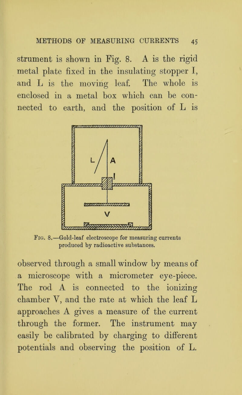 strument is shown in Fig. 8. A is the rigid metal plate fixed in the insulating stopper I, and L is the moving leaf. The whole is enclosed in a metal box which can be con- nected to earth, and the position of L is Fig. 8.—Gold-leaf electroscope for measuring currents produced by radioactive substances. observed through a small window by means of a microscope with a micrometer eye-piece. The rod A is connected to the ionizing chamber V, and the rate at which the leaf L approaches A gives a measure of the current through the former. The instrument may easily be calibrated by charging to different potentials and observing the position of L.