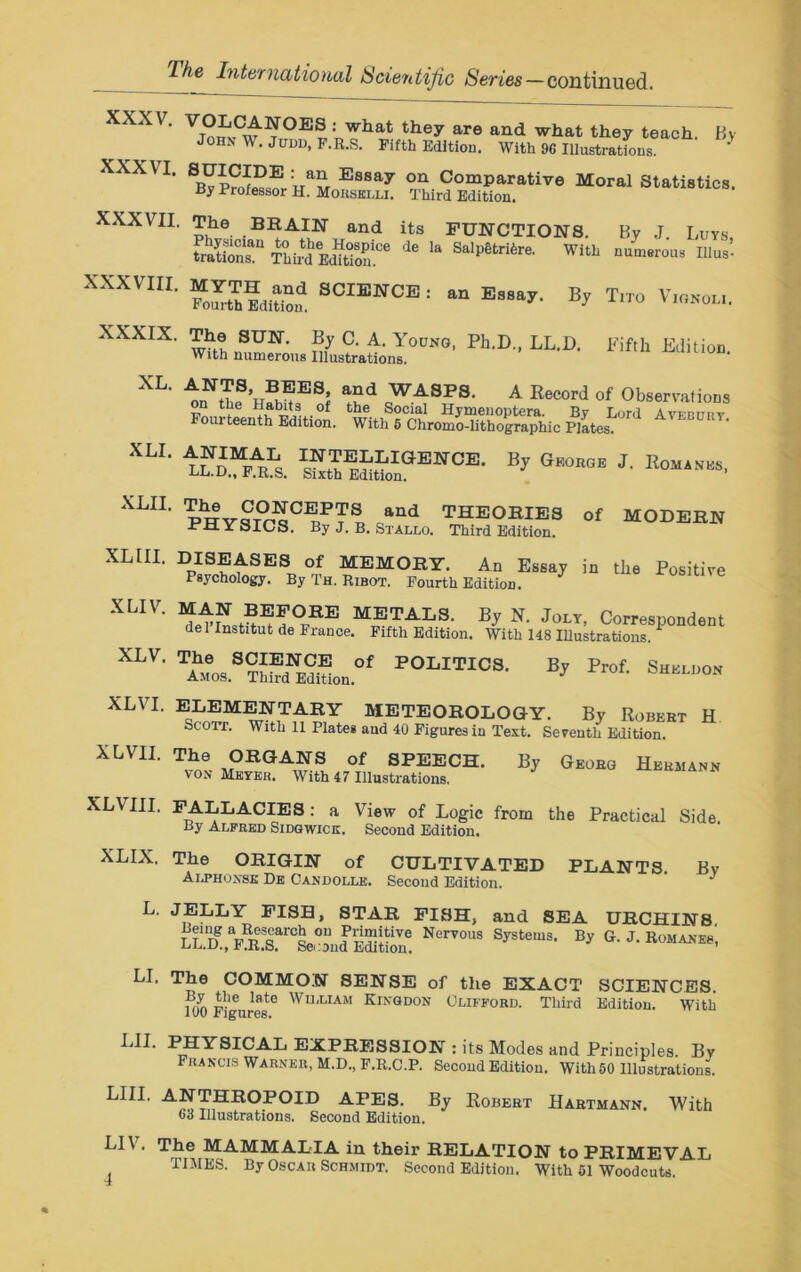 /%e International Scientific Series—continued. XXXV. XXXVI. XXXVII XXXVIII XXXIX XL. XLI. XLII. XL III. XLIV. XLV. XLVI. XL VII. XLVIII. XLIX. L. I5r0;E| :nWhat they are and what they teach. By John W. Judd, F.R.S. Fifth Edition. With 9G Illustrations. a“ Essay on Comparative Moral Statistics. Hy Professor H. Morselli. Third Edition. • The BRAIN and its FUNCTIONS. By J. Luts. taCNw mSf “ Sa,p6“re' W1‘ Hi.- • S SC™M'CE : “ Ess^' % T'« V,.,™. It Ph-D’ LL'D' Fif,h ANTS, BEES, and WASPS. A Record of Observations •ssAstasESsh, ~ ijssss. sassg™- ^ g*°- j- «o“-■ PHVSCT°f?C?TB and THEOBIES of MODERN EflYSICS, By J. B. Stallo. Third Edition. DISEASES of MEMORY. An Essay in the Positire Psychology. By Th. Ribot. Fourth Edition. ^^T°b.RE METALS- By N. Jolt, Correspondent de 1 Institut de France. Fifth Edition. With 148 Illustrations.1 The SCIENCE of POLITICS Amos. Third Edition. By Prof. Sheldon ELEMENTARY METEOROLOGY. By Robert H Scorr. With 11 Plate* and 40 Figures in Text. Seventh Edition. By Georg Hermann LI. LII. LIII. LIV. 4 The ORGANS of SPEECH. VON Meyer. With 47 Illustrations. FALLACIES: a View of Logic from the Practical Side By Alfred Sidgwick. Second Edition. The ORIGIN of CULTIVATED PLANTS. Bv Alphonse De Candolle. Second Edition. J JELLY FISH, STAR FISH, and SEA URCHINS ^srtsiaa s°mm *> The COMMON SENSE of the EXACT SCIENCES. late William Kingdon Clifford. Third Edition. With 100 Figures. PHYSICAL EXPRESSION : its Modes and Principles. By Francis Warner, M.D., F.R.C.P. Second Edition. With 50 Illustrations. APES. By Robert Hartmann. With Go Illustrations. Second Edition. The MAMMALIA in their RELATION to PRIMEVAL TIMES. By Oscar Schmidt. Second Edition. With 51 Woodcuts.