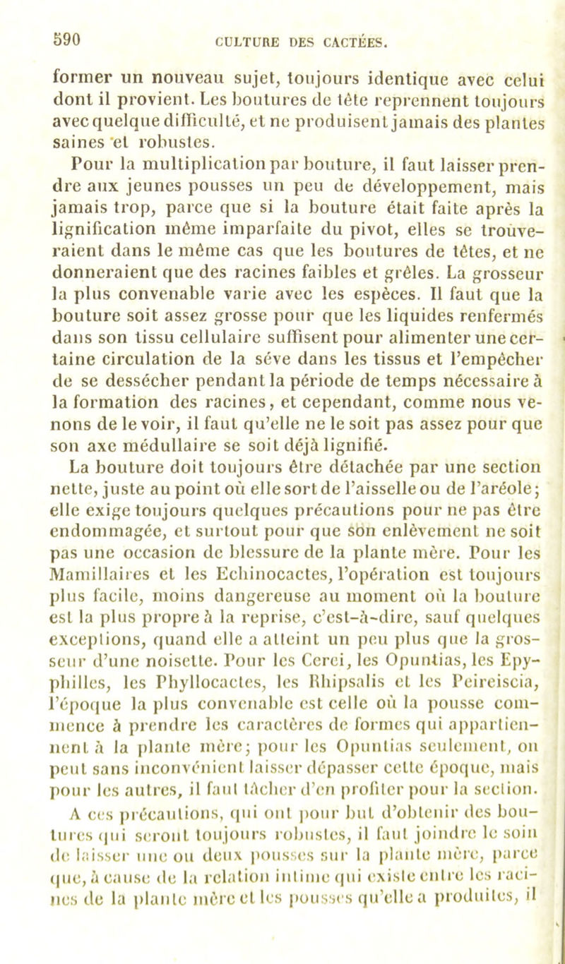 former un nouveau sujet, toujours identique avec celui dont il provient. Les boutures de tête reprennent toujours avec quelque difliculté, et ne produisent jamais des plantes saines et robustes. Pour la multiplication par bouture, il faut laisser pren- dre aux jeunes pousses un peu de développement, mais jamais trop, parce que si la bouture était faite après la lignification même imparfaite du pivot, elles se trouve- raient dans le même cas que les boutures de têtes, et ne donneraient que des racines faibles et grêles. La grosseur la plus convenable varie avec les espèces. Il faut que la bouture soit assez grosse pour que les liquides renfermés dans son tissu cellulaire suffisent pour alimenter une cer- taine circulation de la sève dans les tissus et l’empêcher de se dessécher pendant la période de temps nécessaire à la formation des racines, et cependant, comme nous ve- nons de le voir, il faut qu’elle ne le soit pas assez pour que son axe médullaire se soit déjà lignifié. La bouture doit toujours être détachée par une section nette, juste au point où elle sort de l’aisselle ou de l’aréole; elle exige toujours quelques précautions pour ne pas être endommagée, et surtout pour que son enlèvement ne soit pas une occasion de blessure de la plante mère. Pour les Maniillaires et les Echinocactes, l’opération est toujours plus facile, moins dangereuse au moment où la bouture est la plus propre 5 la reprise, c’est-à-dire, sauf quelques exceptions, quand elle a atteint un peu plus que la gros- seur d’une noisette. Pour les Ccrei, les Opuntias, les Epy- pbilles, les Phyllocactes, les Rhipsalis et les Peireiscia, l’épociue la plus convenable est celle où la pousse com- mence à prendre les caractères de formes qui appartien- nent à la plante mère; j)our les Opvintias seulement, on peut sans inconvénient laisser dépasser celte époque, mais pour les autres, il faut tâcher d’en profiter pour la section. A ces précautions, (jui ont ])oiir but d’obtenir des bou- tures (jui seront toujours robustes, il faut joindre le soin (le laisser une ou deux pousses sur la plante mère, |)arce (|ue, à cause de la relation intime (|ui existe entre les raci- nes de la plante mère et les pous.ses qu’elle a produites, il