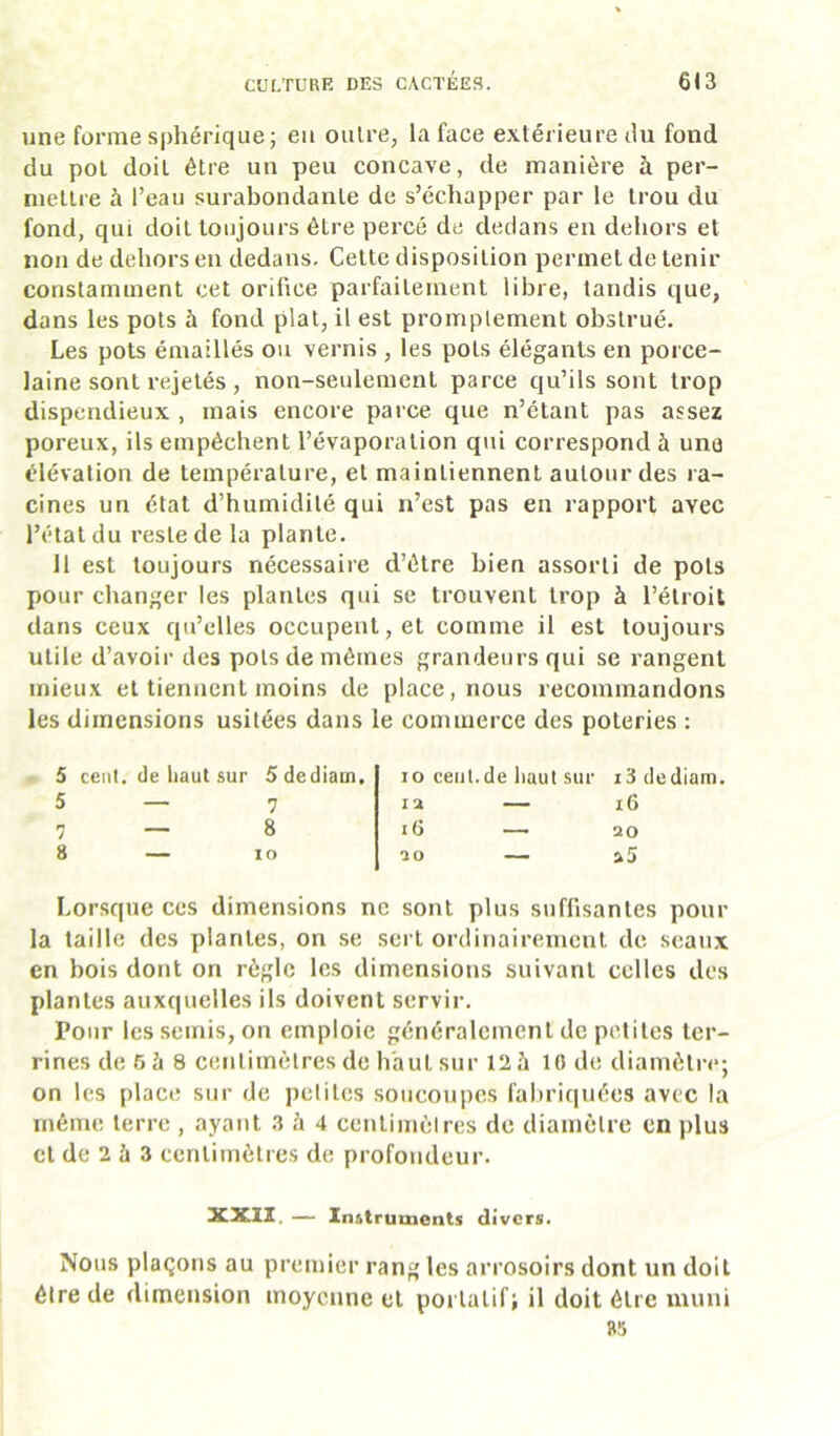 une forme s|)hérique; en oulre, la face extérieure du fond du pol doit être un peu concave, de manière à per- niellre à l’eau surabondante de s’échapper par 1e trou du fond, qui doit toujours être percé de dedans eu dehors et non de dehors eu dedans. Cette disposition permet de tenir constamment cet orifice parfaitement libre, tandis que, dans les pots à fond plat, il est promptement obstrué. Les pots émaillés on vernis , les pots élégants en porce- laine sont rejetés , non-seulement parce qu’ils sont trop dispendieux , mais encore parce que n’étant pas assez poreux, ils empêchent l’évaporation qui correspond à une élévation de température, et maintiennent autour des ra- cines un état d’humidité qui n’est pas en rapport avec l’état du reste de la plante. 11 est toujours nécessaire d’être bien assorti de pots pour changer les plantes qui se trouvent trop à l’étroit dans ceux qu’elles occupent, et comme il est toujours utile d’avoir des pots de mêmes grandeurs qui se rangent mieux et tiennent moins de place, nous recommandons les dimensions usitées dans le commerce des poteries : 5 cent, de haut sur Sdediam. 5 — 7 7—8 8 — lo lo ceiil.de haut sur i3dediam. 1 U — i6 — 20 ao — 25 Lorsque ces dimensions ne sont plus suffisantes pour la taille des plantes, on se sert ordinairement de. seaux en bois dont on règle les dimensions suivant celles des plantes auxquelles ils doivent servir. Pour les semis, on emploie généralement de petites ter- rines de 6 à 8 cenlimèlres de haut sur 12à 10 de diamètre; on les place sur de petites soucoupes fabriquées avec la même terre , ayant .3 à 4 centimètres de diamètre en plus et de 2 à 3 centimètres de profondeur. XXII. — In&trmnents divers. Nous plaçons au premier rang les arrosoirs dont un doit être de dimension moyenne et portatif; il doit être muni R5