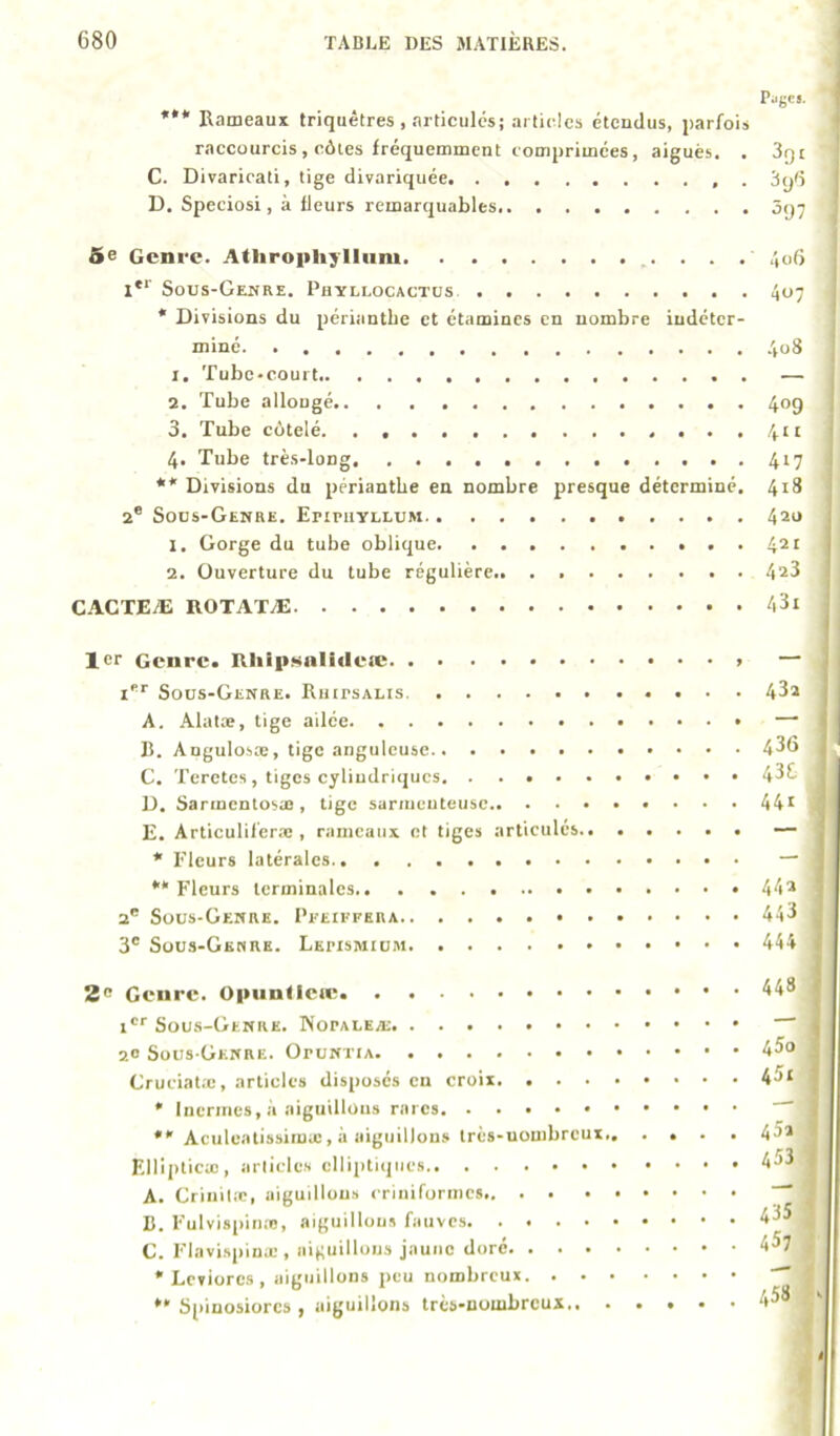 pjgcs. *** Rameaux triquêtres , articulés; ai tirles étendus, parfois raccourcis , côtes fréquemment lomprimées, aiguës. . 3qi C. Divaricati, tige divariqiiée . 3tj6 D. Speciosi, à fleurs remarquables 5(j7 6e Genre. Athroiihylliim ,',o6 I**' Sous-Genre. Phyllocactüs 407 * Divisions du périantbe et étamines en nombre indéter- miné .408 1. Tube-court — 2. Tube allongé 409 3. Tube côtelé. . 411 4- Tube très-long 417 ** Divisions du périantbe en nombre presque déterminé. 418 2® Sous-Genre. EriniVLLUM. 420 1. Gorge du tube oblique 421 2. Ouverture du tube régulière.. . 428 CACTEÆ 1er Genre. lUiipfsnlideæ — I®*' Sous-Genre. Riiitsalis. 432 A. Alatæ, tige ailée “ B. Angulosæ, tige anguleuse 436 C. Terctes, tiges cyliudriques. . . 43È D. Sarinentosæ , tige 44t . | E. Articuliferæ , rameaux et tiges articules — * Fleurs latérales — ** Fleurs terminales 442 2® Sous-Genre. 443 j 3® Sous-Gedre. 444 2® Genre. ^^8 i®* Sous-Genre. 20 Sous-Genre. Opuntia 45o Cruciat.'c, articles disposés en croix 4->‘ * Incrines, à aiguillons rares ' *• Aculeatissiraa:, à iiiguiDous très-nombreux., .... 4^2 Ellipticæ, articles elliptiques 453 A. Grinilæ, aiguillons criniformes , B. Fulvisi>inæ, aignillous fauves 435 J C. Flavi.spiuæ , aiguillons jaune doré 45? j *Lcviorcs, aiguillons peu nombreux | ** Spinosiorcs , aiguillons très-nombreux 45®