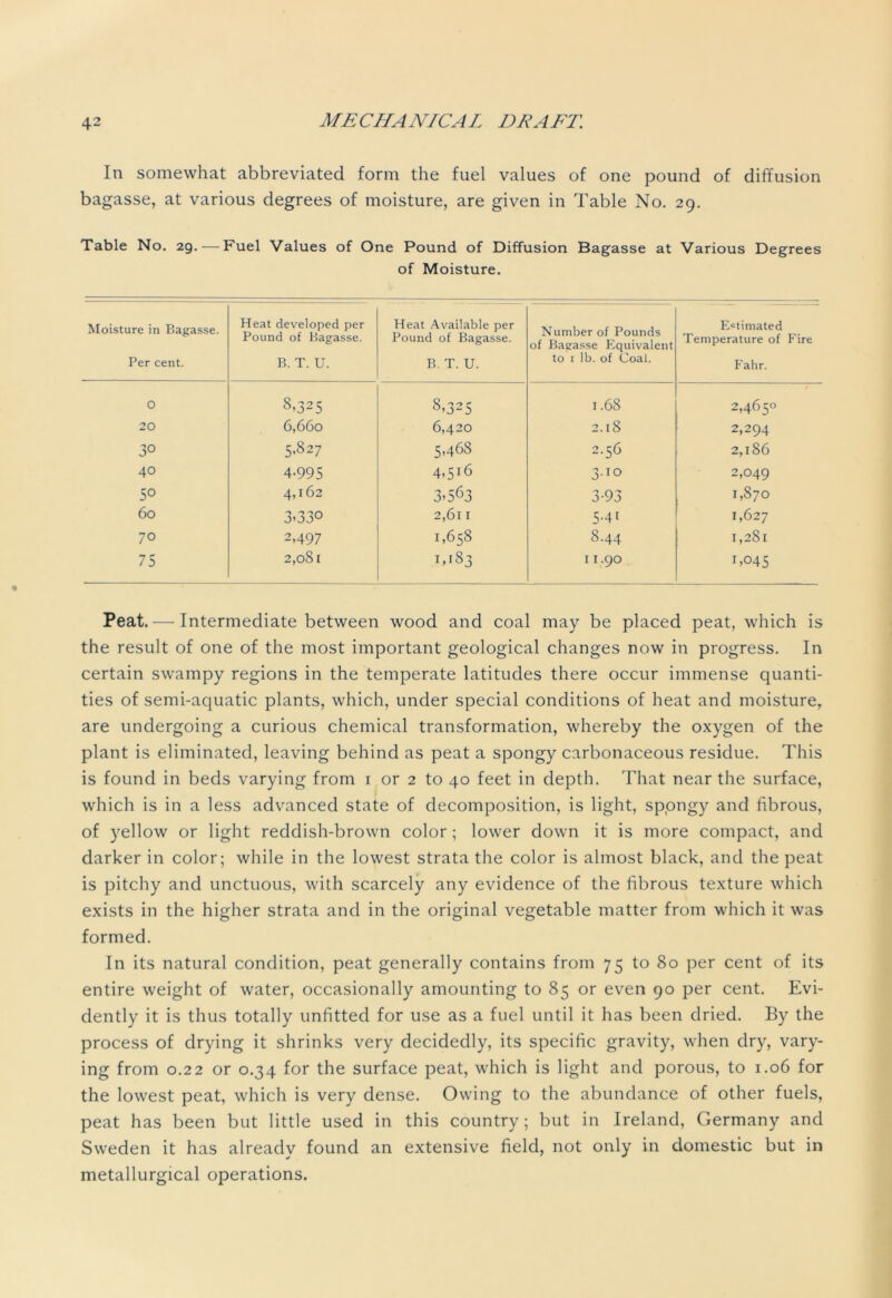 In somewhat abbreviated form the fuel values of one pound of diffusion bagasse, at various degrees of moisture, are given in Table No. 29. Table No. 29.—Fuel Values of One Pound of Diffusion Bagasse at Various Degrees of Moisture. Moisture in Bagasse. Per cent. Heat developed per Pound of Bagasse. B. T. U. Heat Available per Pound of Bagasse. B. T. U. Number of Pounds of Baeasse Equivalent to 1 lb. of Coal. Estimated Temperature of Fire Fahr. 0 8.325 8,325 1.68 2,465° 20 6,660 6,420 2.18 2,294 30 5.827 5,468 2.56 2,186 40 4-995 4-516 3.10 2,049 5° 4,162 3.563 3-93 0 00 60 3-33° 2,611 5-41 1,627 70 2,497 1,658 8.44 1,281 75 2,081 1,183 11.90 1,045 Peat.— Intermediate between wood and coal may be placed peat, which is the result of one of the most important geological changes now in progress. In certain swampy regions in the temperate latitudes there occur immense quanti- ties of semi-aquatic plants, which, under special conditions of heat and moisture, are undergoing a curious chemical transformation, whereby the oxygen of the plant is eliminated, leaving behind as peat a spongy carbonaceous residue. This is found in beds varying from 1 or 2 to 40 feet in depth. That near the surface, which is in a less advanced state of decomposition, is light, sppngy and fibrous, of yellow or light reddish-brown color ; lower down it is more compact, and darker in color; while in the lowest strata the color is almost black, and the peat is pitchy and unctuous, with scarcely any evidence of the fibrous texture which exists in the higher strata and in the original vegetable matter from which it was formed. In its natural condition, peat generally contains from 75 to 80 per cent of its entire weight of water, occasionally amounting to 85 or even 90 per cent. Evi- dently it is thus totally unfitted for use as a fuel until it has been dried. By the process of drying it shrinks very decidedly, its specific gravity, when dry, vary- ing from 0.22 or 0.34 for the surface peat, which is light and porous, to 1.06 for the lowest peat, which is very dense. Owing to the abundance of other fuels, peat has been but little used in this country; but in Ireland, Germany and Sweden it has already found an extensive field, not only in domestic but in metallurgical operations.