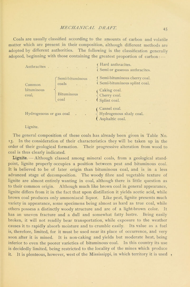 45 Coals are usually classified according to the amounts of carbon and volatile matter which are present in their composition, although different methods are adopted by different authorities. The following is the classification generally adopted, beginning with those containing the greatest proportion of carbon: — Anthracites . Common bituminous coal, Semi-bituminous coals Bituminous coal Hydrogenous or gas coal ( Hard anthracites. ( Semi or gaseous anthracites. f Semi-bituminous cherry coal. ( Semi-bituminous splint coal. /- Caking coal. < Cherry coal. ( Splint coal. ^ Cannel coal. Hydrogenous shaly coal. ( Asphaltic coal. Lignite. The general composition of these coals has already been given in Table No. 13. In the consideration of their characteristics they will be taken up in the order of their geological formation. Their progressive alteration from wood to coal is thus clearly indicated. Lignite. — Although classed among mineral coals, from a geological stand- point, lignite properly occupies a position between peat and bituminous coal. It is believed to be of later origin than bituminous coal, and is in a less advanced stage of decomposition. The woody fibre and vegetable texture of lignite are almost entirely wanting in coal, although there is little question as to their common origin. Although much like brown coal in general appearance, lignite differs from it in the fact that upon distillation it yields acetic acid, while brown coal produces only ammoniacal liquor. Like peat, lignite presents much variety in appearance, some specimens being almost as hard as true coal, while others possess a distinctly woody structure and are of a light-brown color. It has an uneven fracture and a dull and somewhat fatty lustre. Being easily broken, it will not readily bear transportation, while exposure to the weather causes it to rapidly absorb moisture and to crumble easily. Its value as a fuel is, therefore, limited, for it must be used near its place of occurrence, and very soon after it is mined. It is non-caking and yields but moderate heat, being inferior to even the poorer varieties of bituminous coal. In this country its use is decidedly limited, being restricted to the locality of the mines which produce it. It is plenteous, however, west of the Mississippi, in which territory it is used