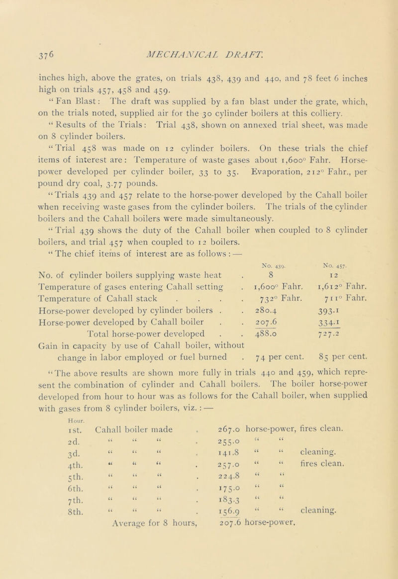 inches high, above the grates, on trials 438, 439 and 440, and 78 feet 6 inches high on trials 457, 458 and 459. “Fan Blast: The draft was supplied by a fan blast under the grate, which, on the trials noted, supplied air for the 30 cylinder boilers at this colliery. “Results of the Trials: Trial 438, shown on annexed trial sheet, was made on 8 cylinder boilers. “Trial 458 was made on 12 cylinder boilers. On these trials the chief items of interest are: Temperature of waste gases about i,6oo° Fabr. Horse- power developed per cylinder boiler, 33 to 35. Evaporation, 2i2°Fahr., per pound dry coal, 3.77 pounds. “Trials 439 and 457 relate to the horse-power developed by the Cahall boiler when receiving waste gases from the cylinder boilers. The trials of the cylinder boilers and the Cahall boilers were made simultaneously. “Trial 439 shows the duty of the Cahall boiler when coupled to 8 cylinder boilers, and trial 457 when coupled to 12 boilers. “The chief items of interest are as follows: — No. of cylinder boilers supplying waste heat Temperature of gases entering Cahall setting Temperature of Cahall stack . . . . Horse-power developed by cylinder boilers . Horse-power developed by Cahall boiler Total horse-power developed Gain in capacity by use of Cahall boiler, without change in labor employed or fuel burned No. 439. 8 i,6oo° Fahr. 7320 Fahr. 280.4 207.6 488.0 74 per cent. No. 457. I 2 i,6120 Fahr. 7 11° Fahr. 393-1 334-i 727.2 85 per cent. “The above results are shown more fully in trials 440 and 459, which repre- sent the combination of cylinder and Cahall boilers. The boiler horse-power developed from hour to hour was as follows for the Cahall boiler, when supplied with gases from 8 cylinder boilers, viz. : — Hour. ISt. Cahall boiler made 267.0 horse-power, fires clean. 2d. a u ii 255-° Ci a 3^ ii u ii 141.8 a “ cleaning. 4th. Li U a 257.0 a “ fires clean 5th. a a a 224.8 a i L 6th. a a a 175-° C i U 7 th. a a a 183.3 a u 8th. a u a 156-9 a “ cleaning. Average for 8 hours, 207.6 horse-power.