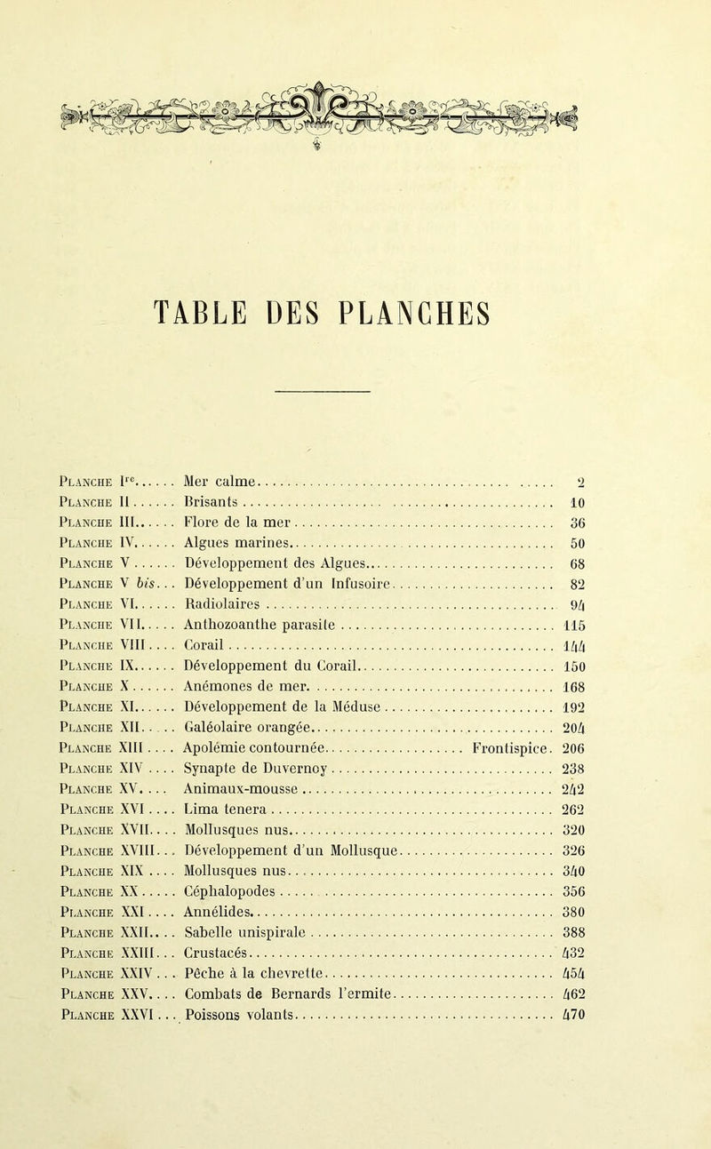 TABLE DES PLANCHES Planche P'e Mer calme Planche II Brisants Planche III Flore de la mer Planche IV Algues marines Planche V Développement des Algues Planche V bis... Développement d’un Infusoire Planche VI Radiolaires Planche VII Anthozoanthe parasile Planche VIII... . Corail Planche IX Développement du Corail Planche X Anémones de mer Planche XI Développement de la Méduse Planche XII..... Galéolaire orangée Planche XIII.... Apolémiecontournée Frontispice. Planche XIV .... Synapte de Duvernoy Planche XV. ... Animaux-mousse Planche XVI .... Lima tenera Planche XVII.. .. Mollusques nus Planche XVIII... Développement d’un Mollusque Planche XIX .... Mollusques nus Planche XX Céphalopodes Pr .anche XXI.... Annélides Planche XXII.. .. Sabelle unispirale Planche XXIII... Crustacés Planche XXIV ... Pêche à la chevrette Planche XXV.... Combats de Bernards l’ermite Planche XXVI... Poissons volants 2 10 36 50 68 82 9 li 115 m 150 168 192 20/| 206 238 m 262 320 326 3/(0 356 380 388 /|32 m Zl62 Zl70
