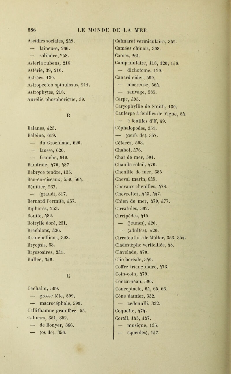 Ascidies sociales, 2A9. — laineuse, 266. — solitaire, 258. Asteria rubens, 216. Astérie, 39, 210. Astrées, 130. Astropecten spinulosus, 211. Aslropliytes, 218. Aurélie phosphorique, 39. B Balanes, /i23. Baleine, 619. — du Groenland, 620. — fausse, 626. — franche, 619. Baudroie, A70, A87. Bebryce tendre, 135. Bec-en-ciseaux, 559, 56A. Bénitier, 267. — (grand), 317. Bernard l’ermite, A57. Biphores, 253. Bonite, /|82. Botrylle doré, 251. Bracliions, A26. Branchellions, 398. Bryopsis, 63. Bryozoaires, 2Al. Bullée, 3A0. G Cachalot, 599. — grosse tête, 599. — macrocéphale, 599. Callithamne granifère. 55. Calmars, 351, 352. — de Bouyer, 366. — (os de), 356. Calmaret vermiculaire, 352. Camées chinois, 308. Cames, 261. Campanulaire, 118, 120, 1A0. — dichotome, 120. Canard eider, 590. — macreuse, 56A. — sauvage, 585. Carpe, A93. Caryophyllie de Smith, 130. Caulerpe à feuilles de Vigne, 5A. — à feuilles d’If, A9. Céphalopodes, 351. — (œufs de), 357. Cétacés, 593. Chabot, A76. Chat de mer, 501. Chauffe-soleil, A70. Chenille de mer, 385. Cheval marin, 6A5. Chevaux chenilles, A78. Chevrettes, Ati3, AA7. Chien de mer, A70, A77. Cirratules, 382. Cirripèdes, A15. — (jeunes), A20. •— (adultes), A20. Cirroteuthis de Müllcr, 353, 35A. Cladostèphe verticillée, A8. Clavelade, A70. Clio boréale, 3A0. Coffre triangulaire, A73. Coin-coin, A79. Concarneau, 500. Conceptacle, 6A, 65, 66. Cône damier, 332. — cedonulli, 332. Coquette, A7A- Corail, 1A5, 1A7. — musique, 135. — (spiculés), 1A7.
