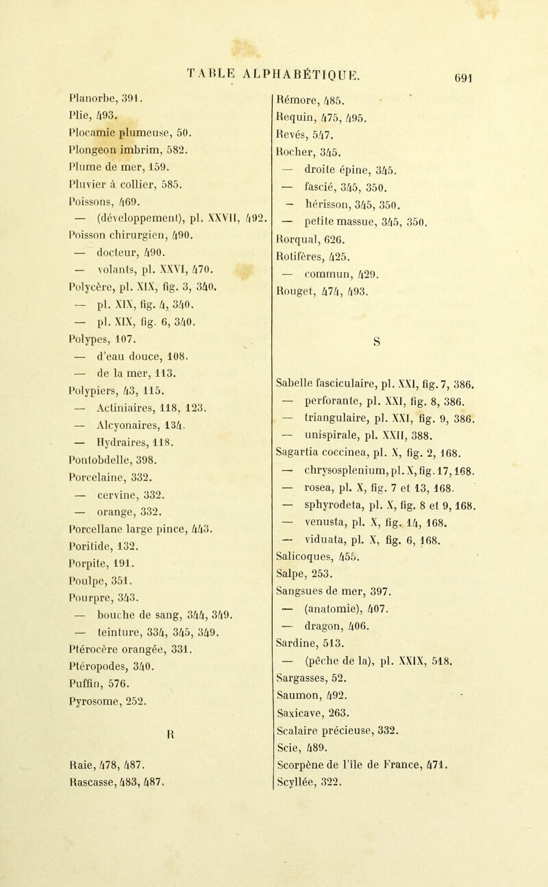 Planorbe, 391. Plie, 493. Plocamie plumeuse, 50. Plongeon imbrim, 582. Plume de mer, 159. Pluvier à collier, 585. Poissons, 469. — (développement), pb XXVII, 492. Poisson chirurgien, 490, — docteur, 490. — volants, pl. XXVI, 470. Polycère, pl. XIX, fig. 3, 340. — pl. XIX, fig. 4, 340. — pl. XIX, fig. 6, 340. Polypes, 107. — d’eau douce, 108. — de la mer, 113. Polypiers, 43, 115. — Actiniaires, 118, 123. — Alcyonaires, 134- — Hydraires, 118. Pontobdelle, 398. Porcelaine, 332. — cervine, 332. — orange, 332. Porcellane large pince, 443. Poritide, 132. Porpite, 191. Poulpe, 351. Pourpre, 343. — bouche de sang, 344, 349. — teinture, 334, 345, 349. Ptérocère orangée, 331. Ptéropodes, 340. Puffin, 576. Pyrosome, 252. R Haie, 478, 487. Rascasse, 483, 487. Rémore, 485. Requin, 475, 495. Rêvés, 547. Rocher, 345. — droite épine, 345. — fascié, 345, 350. — hérisson, 345, 350. — petite massue, 345, 350. Rorqual, 626. Rotiféres, 425. — commun, 429. Rouget, 474, 493. S Sabelle fasciculaire, pl. XXI, fig. 7, 386. — perforante, pl. XXI, fig. 8, 386. — triangulaire, pl. XXI, fig. 9, 386. — unispirale, pl. XXII, 388. Sagartia coccinea, pl. X, fig. 2, 168. — chrysosplenium, pl. X, fig. 17,168. — rosea, pl. X, fig. 7 et 13, 168. — sphyrodeta, pl. X, fig. 8 et 9, 168. — venusta, pl. X, fig. 14, 168. — viduata, pl. X, fig. 6, 168. Salicoques, 455. Salpe, 253. Sangsues de mer, 397. — (anatomie), 407. — dragon, 406. Sardine, 513. — (pèche de la), pl. XXIX, 518. Sargasses, 52. Saumon, 492. Saxicave, 263. Scalaire précieuse, 332. Scie, 489. Scorpène de l’île de France, 471. Scyllée, 322.
