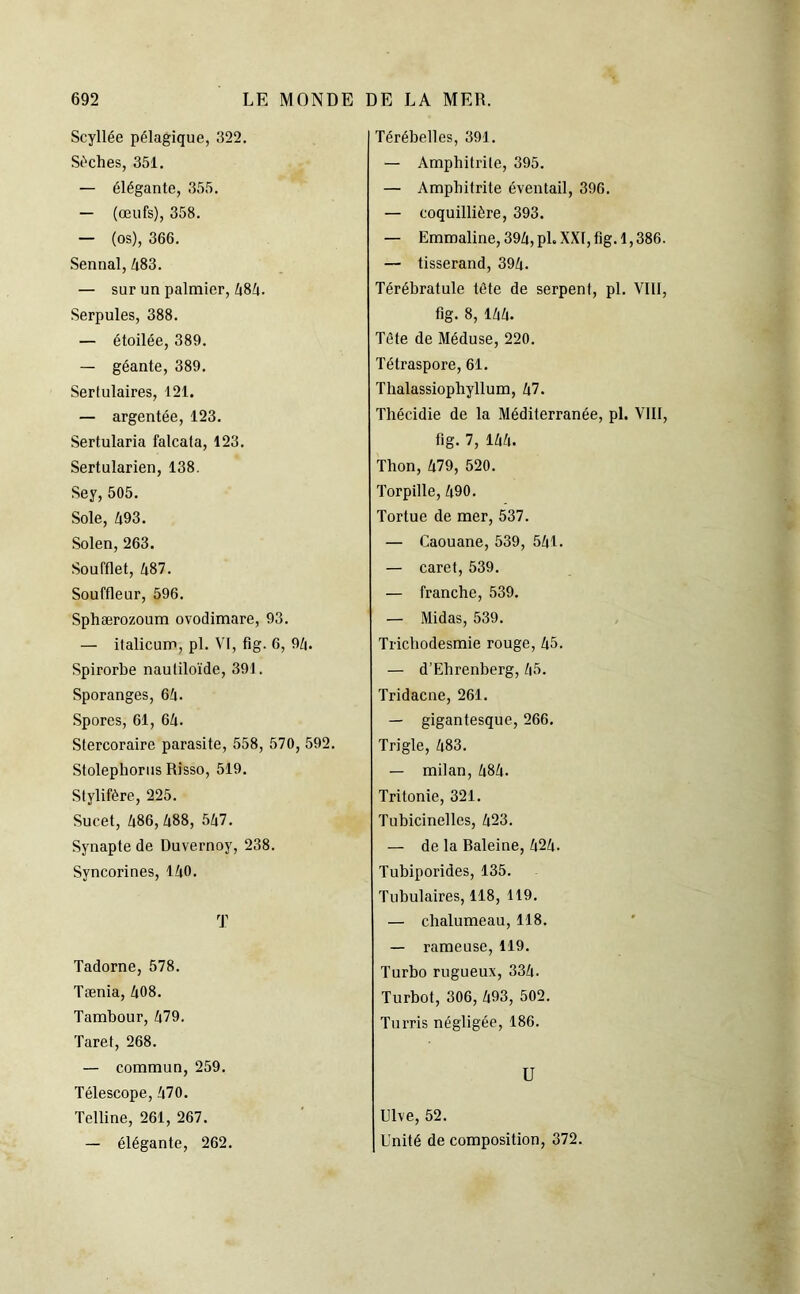 Scyllée pélagique, 322. Sèches, 351. — élégante, 355. — (œufs), 358. — (os), 366. Sennal, Zi83. — sur un palmier, 484. Serpules, 388. — étoilée, 389. — géante, 389. Sertulaires, 121. — argentée, 123. Sertularia falcala, 123. Sertularien, 138. Sey, 505. Sole, 493. Solen, 263. Soufflet, 487. Souffleur, 596. Sphærozoum ovodimare, 93. — italicum, pl. VI, fig. 6, 9/|. Spirorhe nautiloïde, 391. Sporanges, 64. Spores, 61, 64. Stercoraire parasite, 558, 570, 592. Stolephorus Risso, 519. Stylifère, 225. Sucet, 486, 488, 547. Synapte de Duvernoy, 238. Syncorines, 140. T Tadorne, 578. Tænia, 408. Tambour, 479. Taret, 268. — commun, 259. Télescope, 470. Telline, 261, 267. — élégante, 262. Térébelles, 391. — Amphitrile, 395. — Ampbifrite éventail, 396. — coquillière, 393. — Emmaline, 394, pl. XXI, fig. 1,386. — tisserand, 394. Térébratule tète de serpent, pl. VIII, fig. 8, 144. Tète de Méduse, 220. Tétraspore, 61. Thalassiophyllum, 47. Thécidie de la Méditerranée, pl. VIII, fig. 7, 144. Thon, 479, 520. Torpille, 490. Tortue de mer, 537. — Caouane, 539, 541. — caret, 539. — franche, 539. — Midas, 539. Trichodesmie rouge, 45. — d’Ehrenberg, 45. Tridacne, 261. — gigantesque, 266. Trigle, 483. — milan, 484. Tritonie, 321. Tubicinelles, 423. — de la Baleine, 424. Tubiporides, 135. Tubulaires, 118, 119. — chalumeau, 118. — rameuse, 119. Turbo rugueux, 334. Turbot, 306, 493, 502. Turris négligée, 186. U Ulve, 52. Unité de composition, 372.