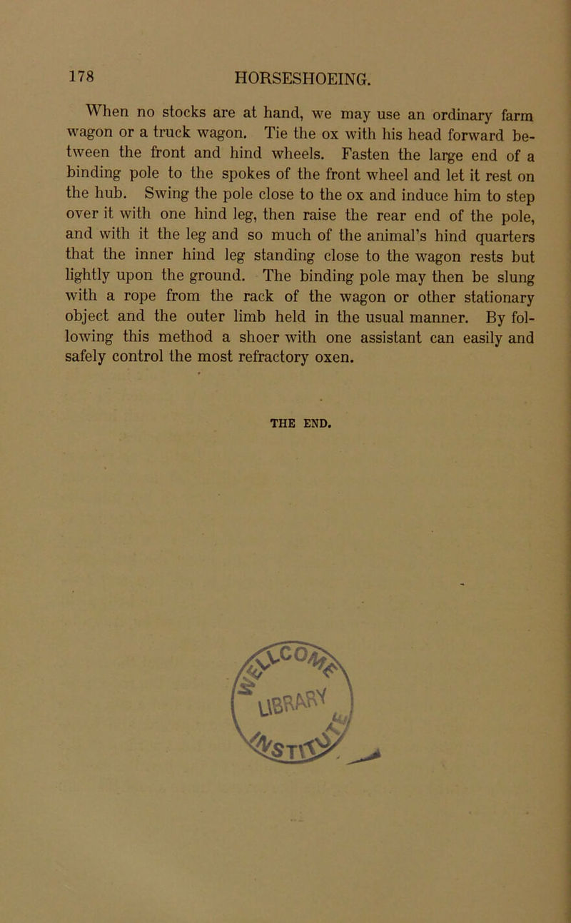 When no Stocks are at hand, we may use an ordinary farm Wagon or a truck wagon. Tie the ox with his head forward be- tween the front and hind wheels. Fasten the lai^e end of a binding pole to the spokes of the front wheel and let it rest on the bub, Swing the pole dose to the ox and induce him to step over it with one hind leg, then raise the rear end of the pole, and with it the leg and so much of the animal’s hind quarters that the inner hind leg standing dose to the wagon rests but lightly upon the ground. The binding pole may then be slung with a rope from the rack of the wagon or other stationary object and the outer limb held in the usual manner. By fol- lowing this method a shoer with one assistant can easily and safely control the most refractory oxen. THE END.
