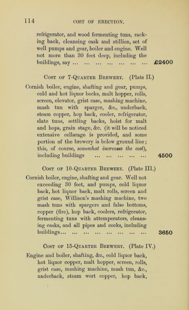 refrigerator, and wood fermenting tuns, rack- ing back, cleansing cask and stillion, set of well pumps and gear, boiler and engine. Well not more than 30 feet deep, including the buildings, say £2400 Cost of 7-Quarter Brewery. (Plate II.) Cornish boiler, engine, shafting and gear, pumps, cold and hot liquor backs, malt hopper, rolls, screen, elevator, grist case, mashing machine, mash tun with sparger, &c., underback, steam copper, hop back, cooler, refrigerator, slate tuns, settling backs, hoist for malt and hops, grain stage, &c. (it will be noticed extensive cellarage is provided, and some portion of the brewery is below ground line; this, of course, somewhat increases the cost), including buildings 4500 Cost of 10-Quarter Brewery. (Plate III.) Cornish boiler, engine, shafting and gear. Well not exceeding 30 feet, and pumps, cold liquor back, hot liquor back, malt rolls, screen and grist case, Willison’s mashing machine, two mash tuns with spargers and false bottoms, copper (fire), hop back, coolers, refrigerator, fermenting tuns with attemperators, cleans- ing casks, and all pipes and cocks, including buildings 3660 Cost of 15-Quarter Brewery. (Plate IV.) Engine and boiler, shafting, &c., cold liquor back, hot liquor copper, malt hopper, screen, rolls, grist case, mashing machine, mash tun, &c., underback, steam wort copper, hop back,