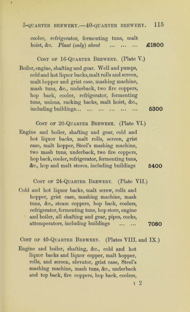 cooler, refrigerator, fermenting tuns, malt hoist, &c. Plant (only) about £1800 Cost of 16-Quarter Brewery. (Plate V.) Boiler, engine, shafting and gear. Well and pumps, cold and hot liquor backs,malt rolls and screen, malt hopper and grist case, mashing machine, mash tuns, &c., underback, two fire coppers, hop back, cooler, refrigerator, fermenting tuns, unions, racking backs, malt hoist, &c., including buildings 6300 Cost of 20-Quarter Brewery. (Plate VI.) Engine and boiler, shafting and gear, cold and hot liquor backs, malt rolls, screen, grist case, malt hopper, Steel’s mashing machine, two mash tuns, underback, two fire coppers, hop back, cooler, refrigerator, fermenting tuns, &c., hop and malt stores, including buildings 6400 Cost of 24-Quarter Brewery. (Plate VII.) Cold and hot liquor backs, malt screw, rolls and hopper, grist case, mashing machine, mash tuns, &c., steam coppers, hop back, coolers, refrigerator, fermenting tuns, hop store, engine and boiler, all shafting and gear, pipes, cocks, attemperators, including buildings 7080 Cost of 40-Quarter Brewery. (Plates VIII. and IX.) Engine and boiler, shafting, &c., cold and hot liquor backs and liquor copper, malt hopper, rolls, and screen, elevator, grist case, Steel’s mashing machine, mash tuns, &c., underback and top back, fire coppers, hop back, coolers, I 2
