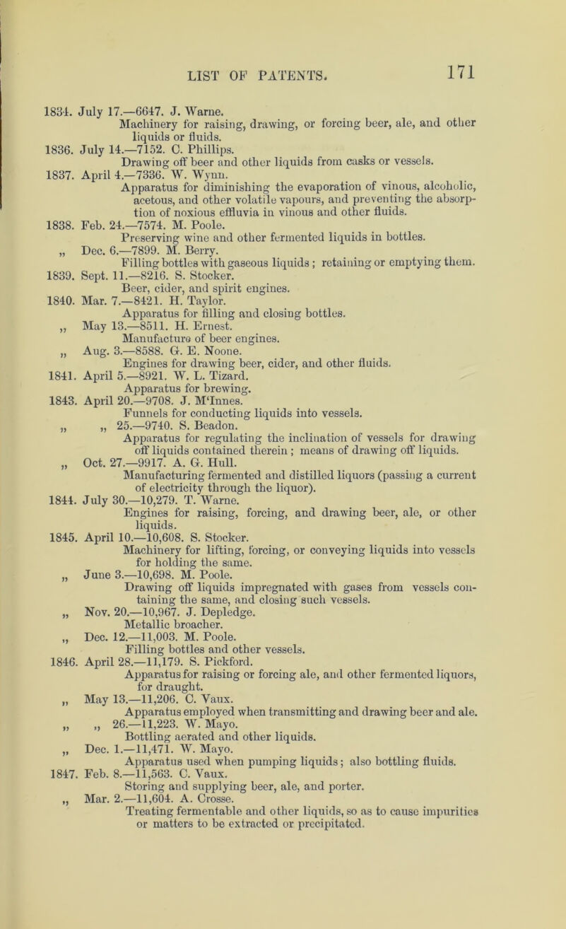 1834. July 17.—6647. J. Warne. Machinery for raising, drawing, or forcing beer, ale, and other liquids or fluids. 1836. July 14.—7152. 0. Phillips. Drawing off beer and other liquids from casks or vessels. 1837. April 4—7336. W. Wynn. Apparatus for diminishing the evaporation of vinous, alcoholic, acetous, and other volatile vapours, and preventing the absorp- tion of noxious effluvia in vinous and other fluids. 1838. Feb. 24.-7574. M. Poole. Preserving wine and other fermented liquids in bottles. „ Dec. 6.—7899. M. Berry. Filling bottles with gaseous liquids ; retaining or emptying them. 1839. Sept. 11.—8216. S. Stocker. Beer, cider, and spirit engines. 1840. Mar. 7.—8421. H. Taylor. Apparatus for filling and closing bottles. „ May 13.—8511. H. Ernest. Manufacture of beer engines. „ Aug. 3.—8588. G. E. Noone. Engines for drawing beer, cider, and other fluids. 1841. April 5.—8921. W. L. Tizard. Apparatus for brewing. 1843. April 20.—9708. J. M‘Innes. Funnels for conducting liquids into vessels. „ „ 25.—9740. S. Beadon. Apparatus for regulating the inclination of vessels for drawing off liquids contained therein ; means of drawing off' liquids. „ Oct. 27.—9917. A. G. Hull. Manufacturing fermented and distilled liquors (passing a current of electricity through the liquor). 1844. July 30.-10,279. T. Warne. Engines for raising, forcing, and drawing beer, ale, or other liquids. 1845. April 10.-10,608. S. Stocker. Machinery for lifting, forcing, or conveying liquids into vessels for holding the same. „ June 3.—10,698. M. Poole. Drawing off liquids impregnated with gases from vessels con- taining the same, and closing such vessels. „ Nov. 20.—10,967. J. Depledge. Metallic broacher. „ Dec. 12.-11,003. M. Poole. Filling bottles and other vessels. 1846. April 28.-11,179. S. Pickford. Apparatus for raising or forcing ale, and other fermented liquors, for draught. „ May 13.-11,206. 0. Vaux. Apparatus employed when transmitting and drawing beer and ale. „ „ 26.-11,223. W. Mayo. Bottling aerated and other liquids. „ Dec. 1.—11,471. W. Mayo. Apparatus used when pumping liquids; also bottling fluids. 1847. Feb. 8.-11,563. C. Vaux. Storing and supplying beer, ale, and porter. ,, Mar. 2.—11,604. A. Crosse. Treating fermentable and other liquids, so as to cause impurities or matters to be extracted or precipitated.